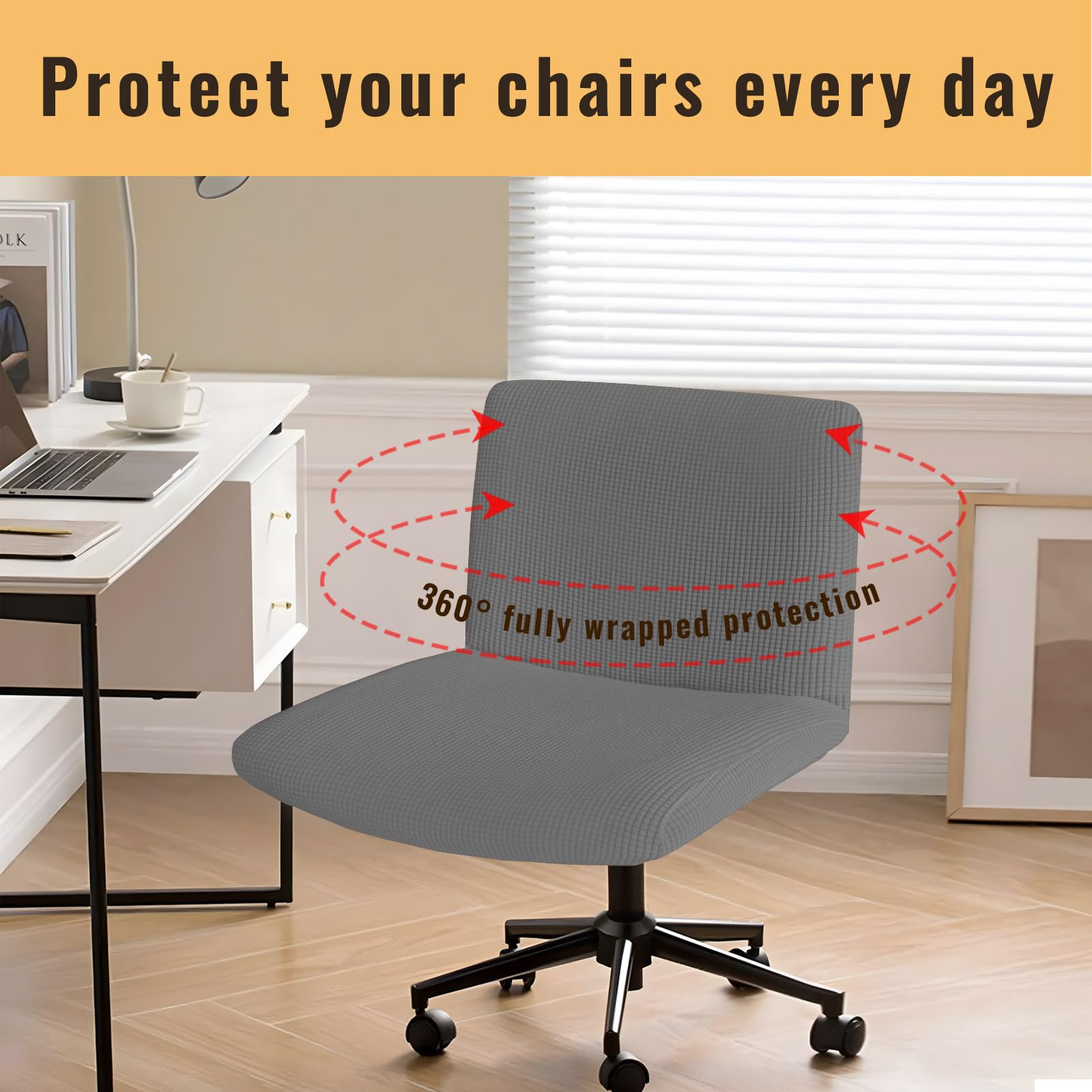 Armless Office Chair Cover - Stretch Knitted Jacquard Slipcover Protector for Wide Seat Chairs, Computer Desk & Vanity Accent Chairs (Grey) - Perfect for Home Office, Study Room & Workspace Decor