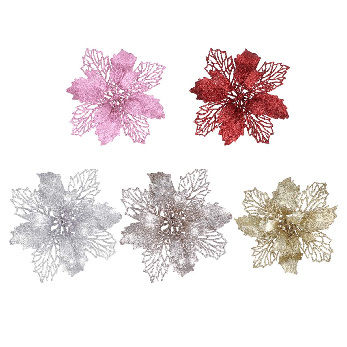 Amosfun 5pcs Christmas Poinsettia Flowers - Artificial Glitter Holiday Decor for Christmas Tree, Wreath, Gift Wrapping & Home Decoration | Perfect for Festive Parties, Holiday Centerpieces & Seasonal Home Decor