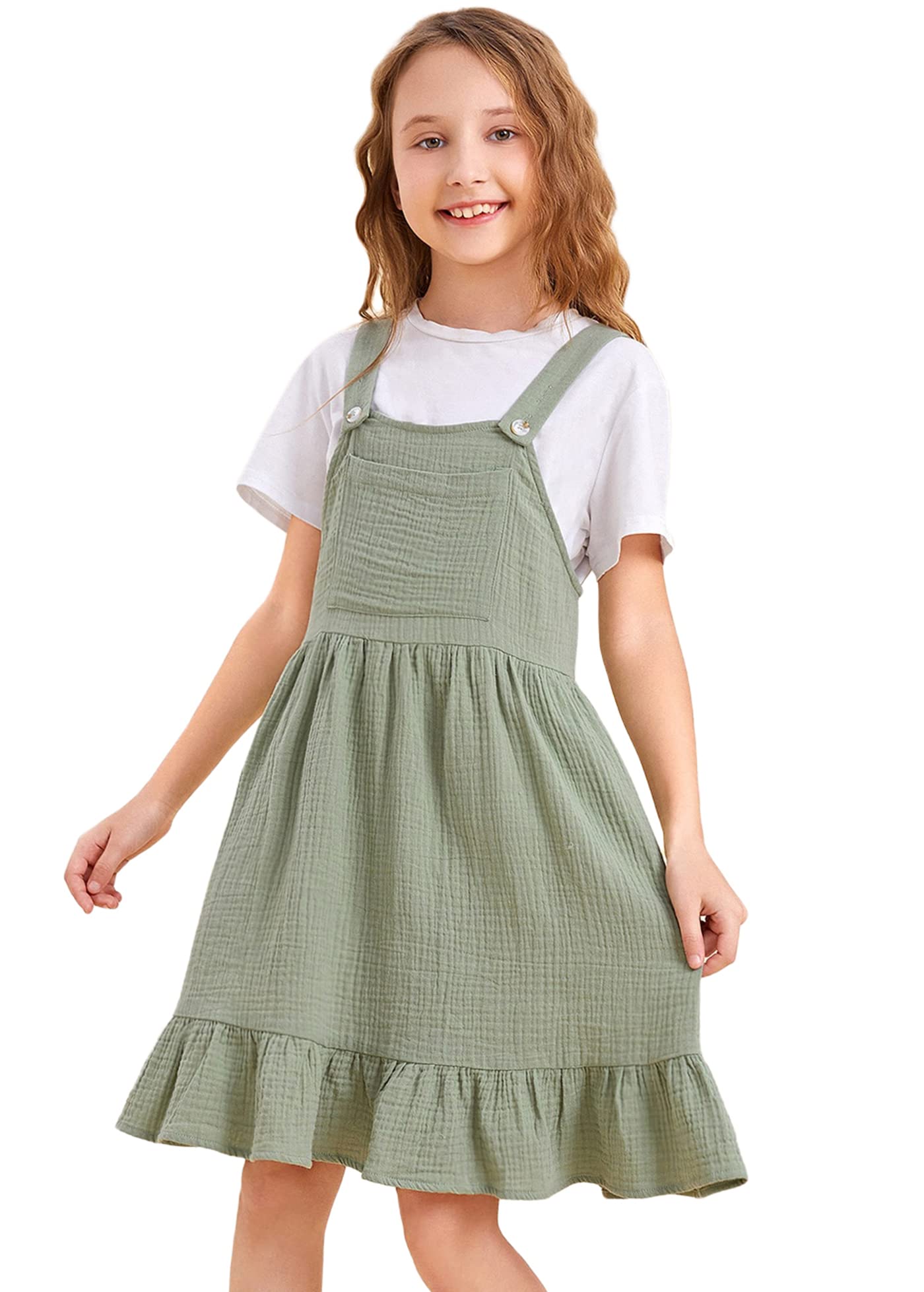 Milumia Girls' Cute Button Pocket Ruffle Hem Pinafore Dress - Stylish Overalls for School, Playdates & Special Occasions