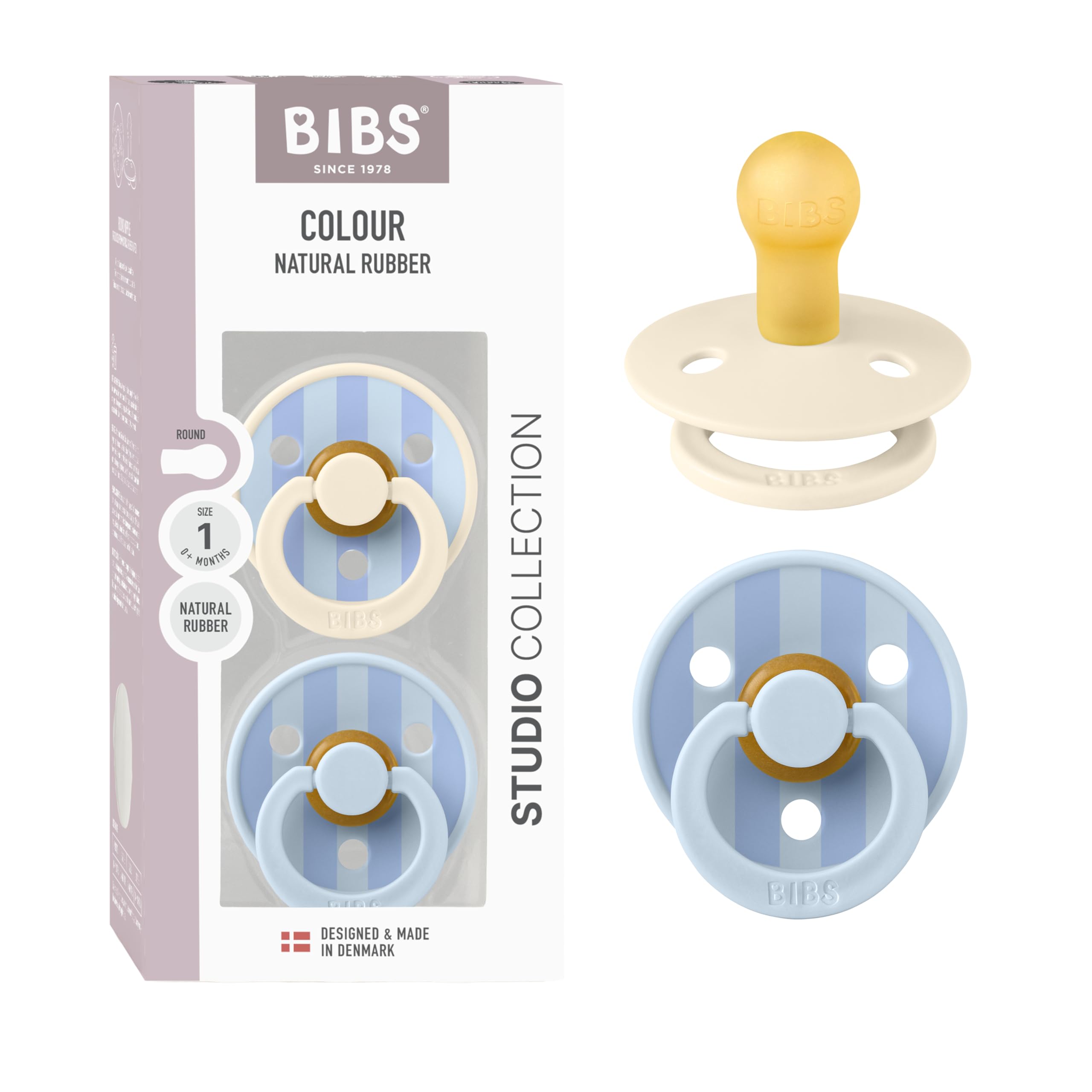 BIBS Pacifiers - Colour Studio 2 Pack | Round Nipple Baby Soother | BPA Free Natural Rubber Latex Pacifier for Newborns 0+ Months | Made in Denmark | Baby Blue & Dusty Blue | Perfect for Daycare, Travel & Soothing Fussy Babies