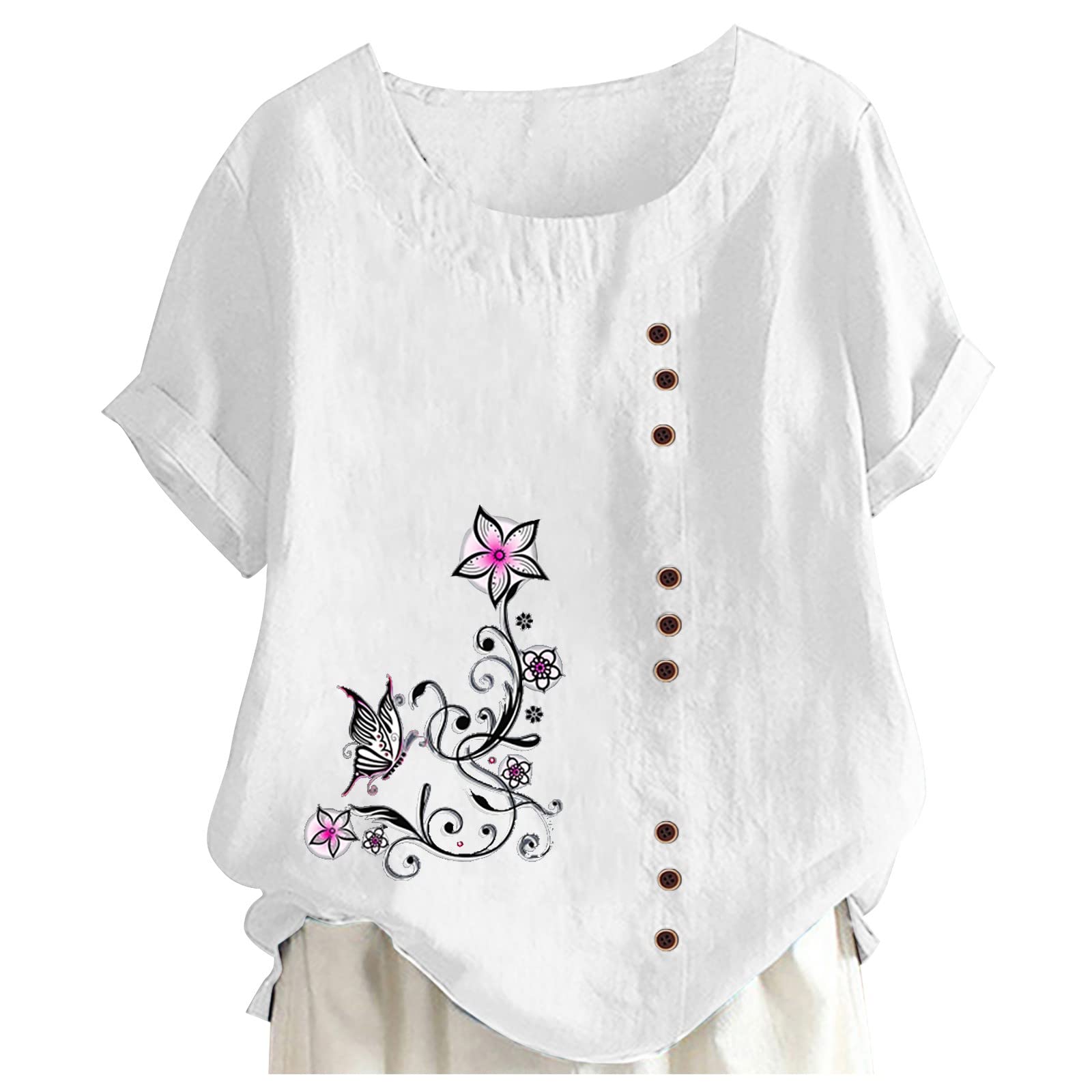 Women's Plus Size Short Sleeve Printed T-Shirt - Loose Fit Round Neck Raglan Sleeve Top with Side Slit Hem for Workout, Yoga & Casual Wear (White, XL)