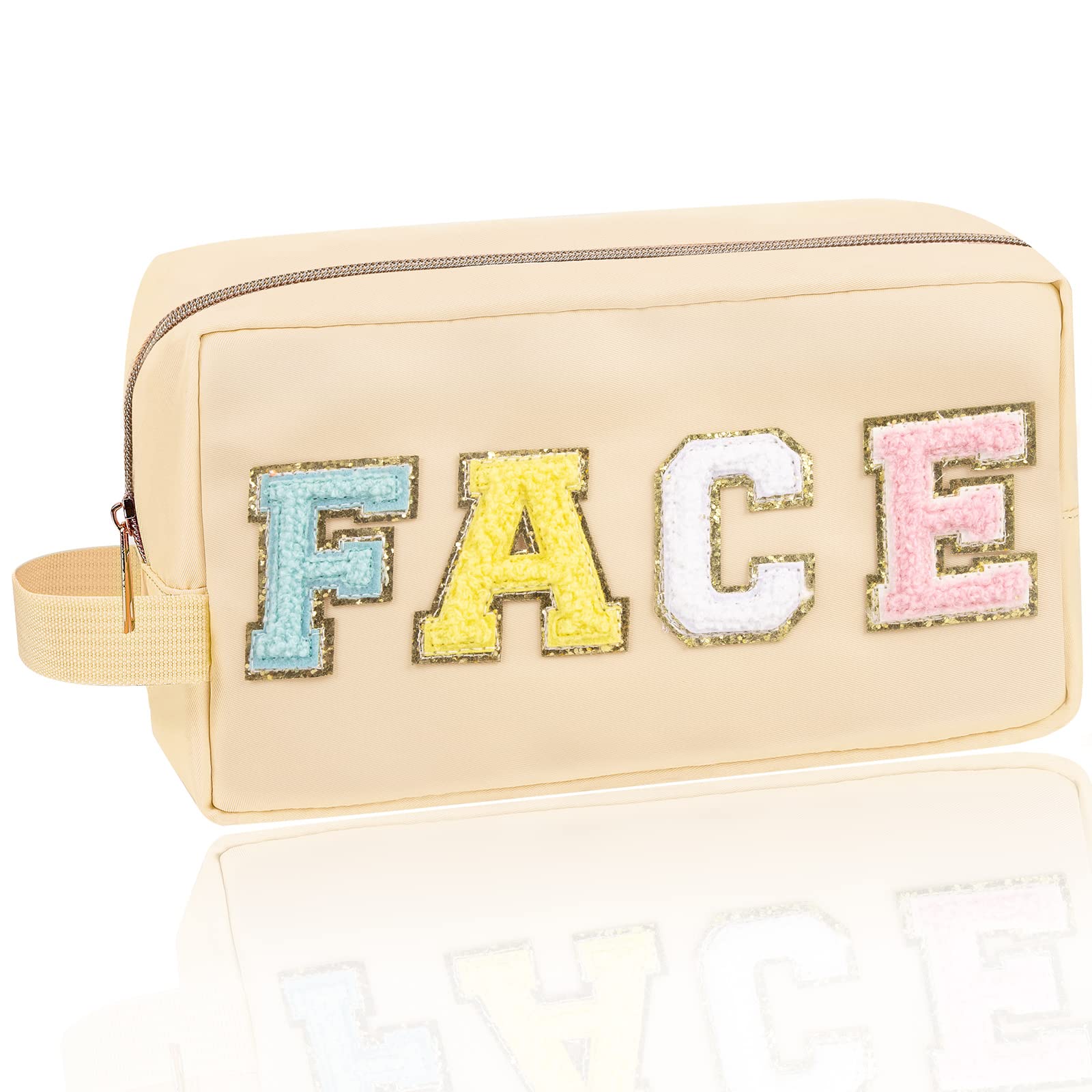 Stylish Preppy Chenille Letter Makeup Bag for Women & Girls - Nylon Travel Cosmetic Pouch with Zipper - Perfect for Toiletries, Cosmetics & Travel Essentials (Beige, Face Design) | Ideal for Daily Use, Weekend Getaways & Vacation Organization