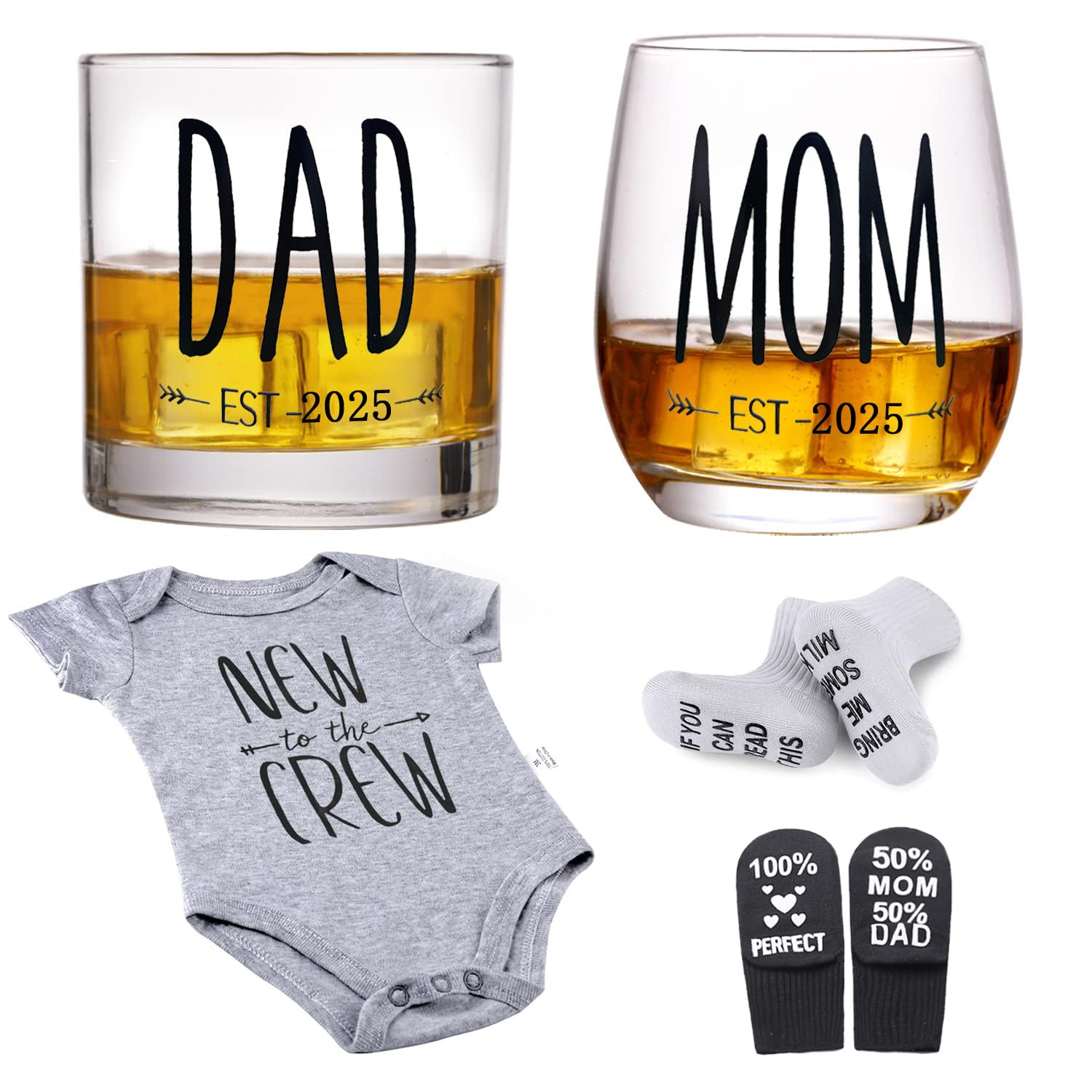 2025 New Parents Pregnancy Gift Set - 11 oz Whiskey Glasses for Mom & Dad with Baby Romper (0-3 Months) and Socks | Perfect Baby Shower Gift for Expecting Parents | Great for Celebrations, Gender Reveals & Nursery Decor