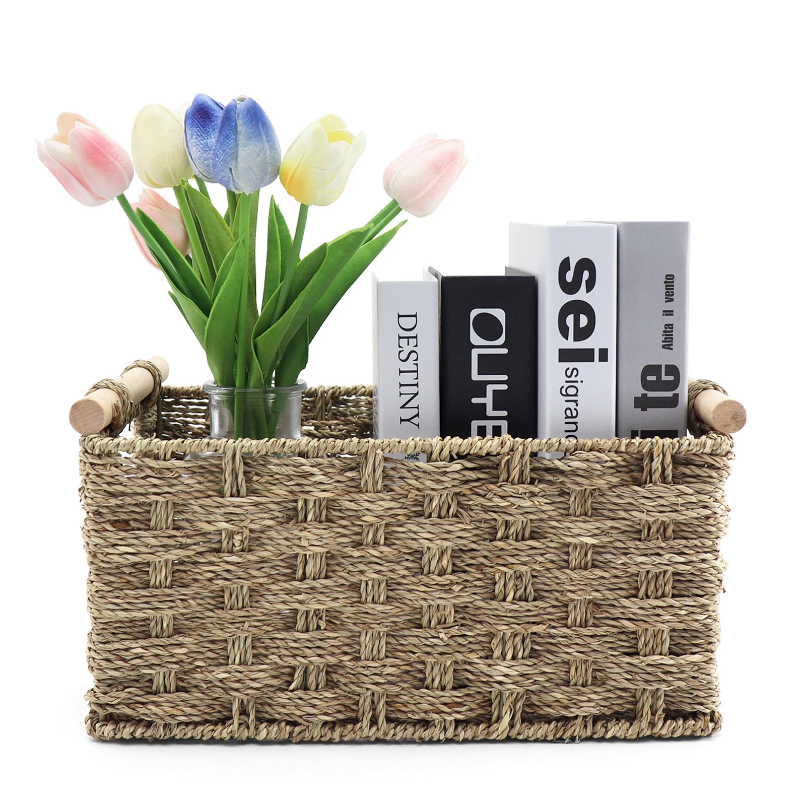Large Seagrass Storage Basket with Wooden Handles - Home Organization for Bathroom & Kitchen
