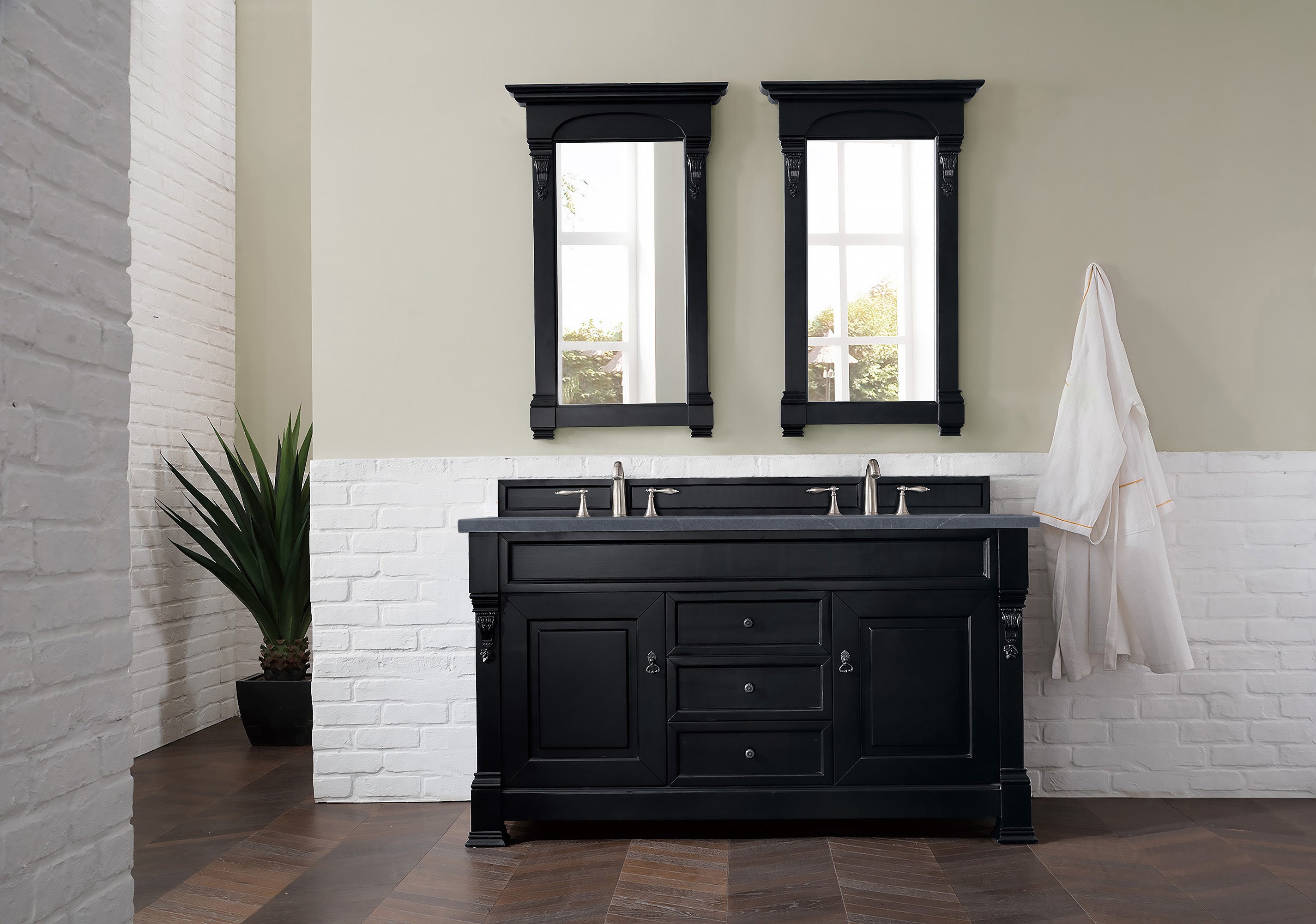Brookfield 60-Inch Double Bathroom Vanity with Antique Black Finish & 3CM Charcoal Soapstone Quartz Countertop - Perfect for Master Bathrooms and Luxury Home Renovations