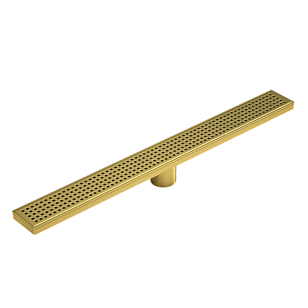 1200mm Brushed Brass Shower Drain Grate with Center Outlet - Square Pattern Floor Waste for Bathroom & Wet Room - Durable & Stylish Drainage Solution for Showers, Baths, and Wet Areas