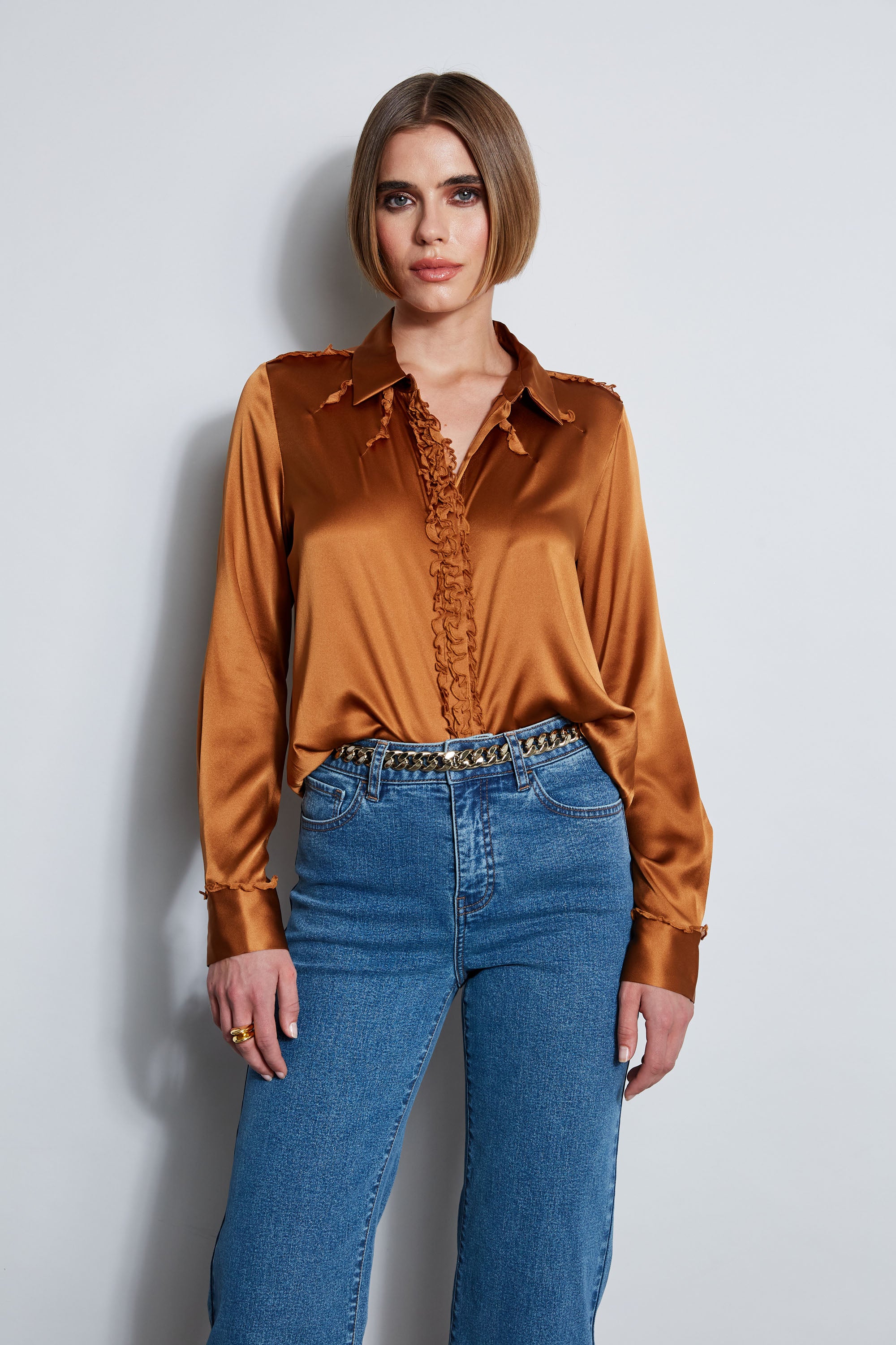 Elegant Chiffon Ruffle Silk Satin Blouse for Women - Office Wear & Evening Party Outfit