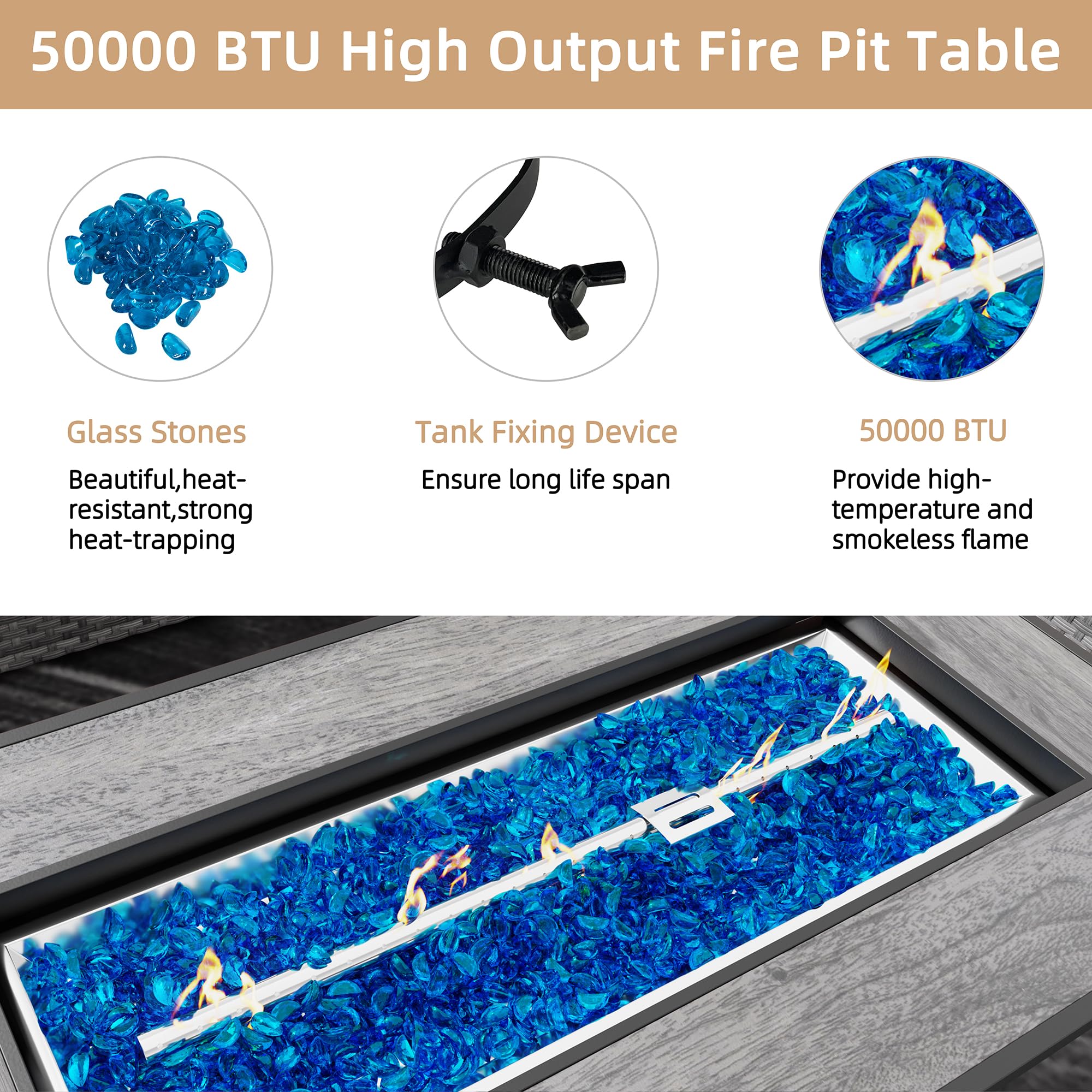 JAMFLY 45 Inch Propane Fire Pit Table - 50,000 BTU Outdoor Gas Fire Pit with Glass Wind Guard & Blue Glass Rocks - Waterproof Cover Included - Perfect for Patio, Backyard, and Garden Gatherings (Gray)