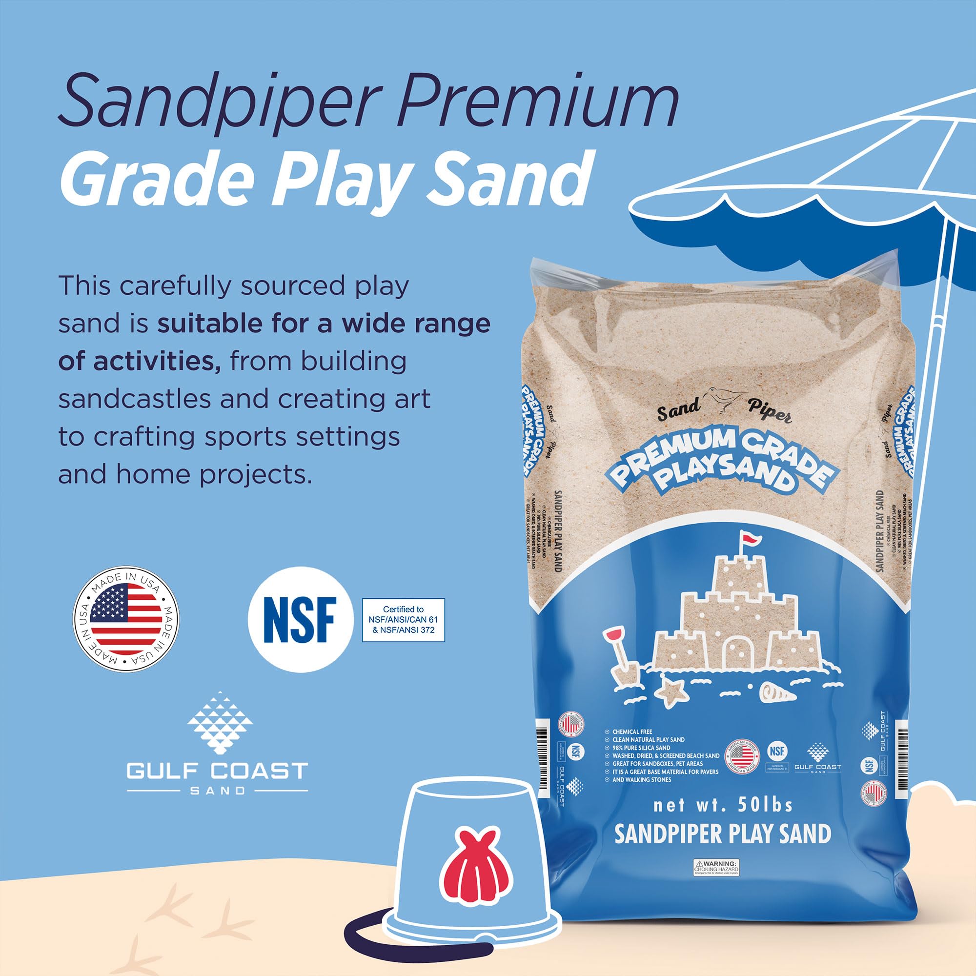 OptiFlow Sandpiper 50lb Premium Play Sand - Non-Toxic, Chemical-Free for Kids Sandbox, Pet Areas, Pavers & Landscaping - Safe for Children & Pets - 3 Pack - Perfect for Outdoor Play & DIY Projects