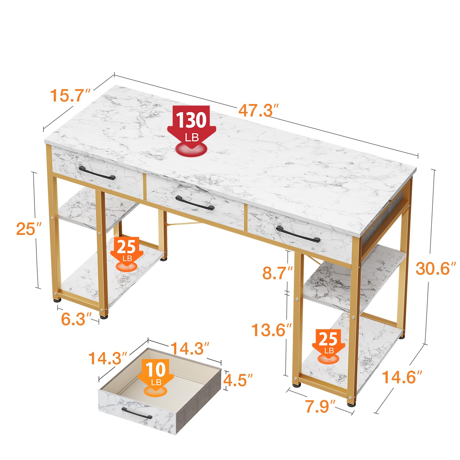 ODK White and Gold Vanity Desk with 3 Fabric Drawers & Storage Shelves, 48