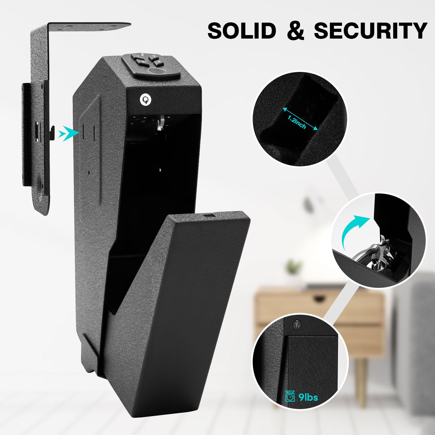 Biometric Nightstand Handgun Safe with Fingerprint, Passcode & Key - Quick Access 3 Ways | Mounted Gun Safe for Pistols & Revolvers | Perfect for Desk, Bedside, Nightstand & Cabinet Storage