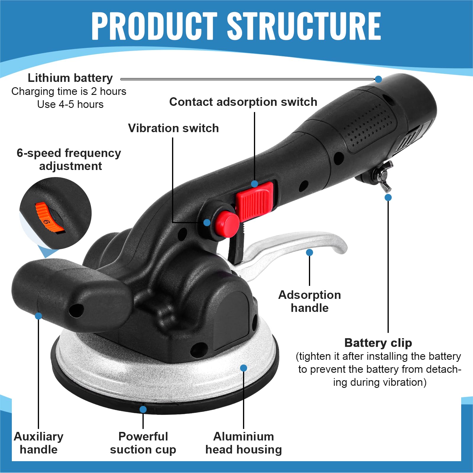 MXBAOHENG 6-Speed Tile Vibrator 19000VPM 4500mAh with Suction Cup, 100kg Load Capacity for 30-120cm Ceramic Tiles (2 Batteries Included) - Perfect for Tile Installation, Renovation & DIY Projects