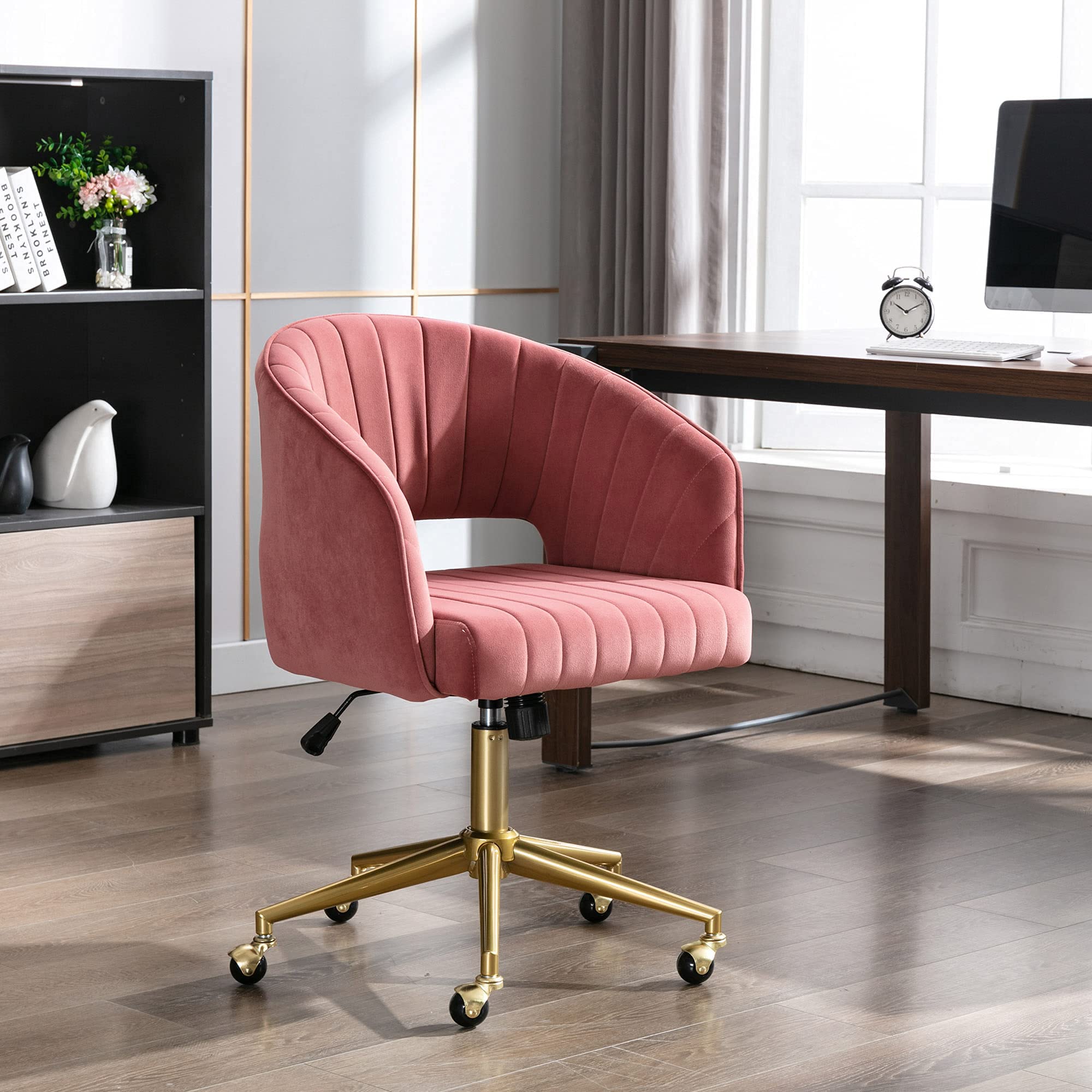 CAROCC White and Gold Velvet Swivel Office Chair - Adjustable Height Modern Desk Chair with Wheels for Home Office, Computer Work & Vanity (Pink) - Perfect for Small Spaces, Gaming Setups & Cozy Workspaces