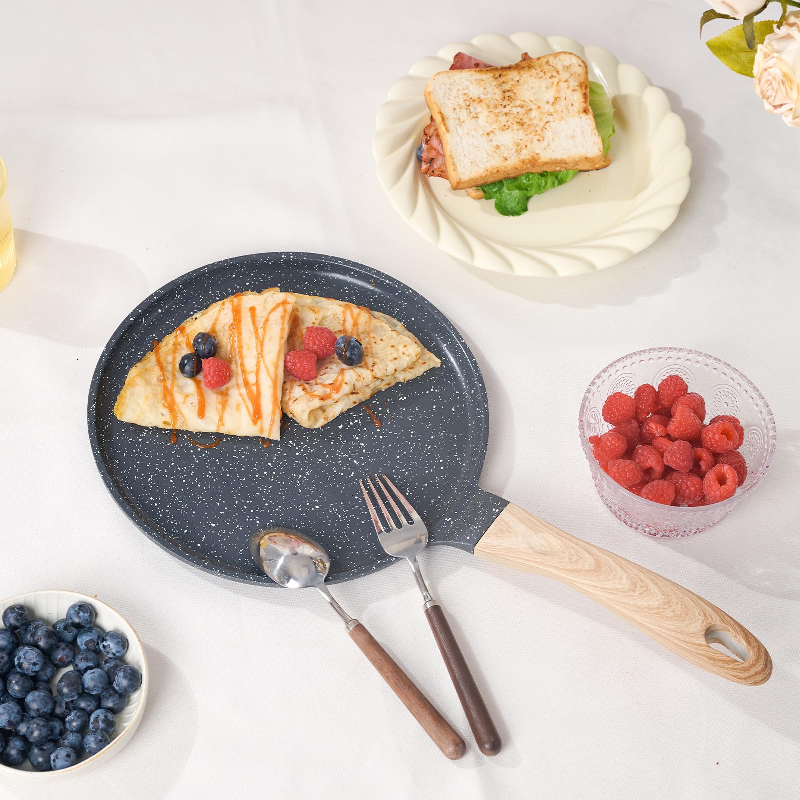 **JEETEE 9.5 Inch Nonstick Crepe Pan - Granite Coating Griddle Pan for Tortillas, Pancakes, Dosa & More - PFOA Free, Induction Compatible, Stovetop Safe (Grey) - Perfect for Breakfast, Brunch & Family Cooking**