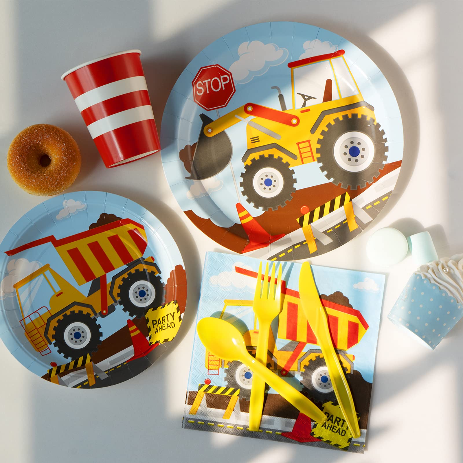DECORLIFE Construction Theme Birthday Party Supplies Set - 112 Pieces (Plates, Cups, Napkins, Cutlery) for 16 Guests | Perfect for Boys' Construction-Themed Birthday Decorations & Kids' Construction Site Party Favors