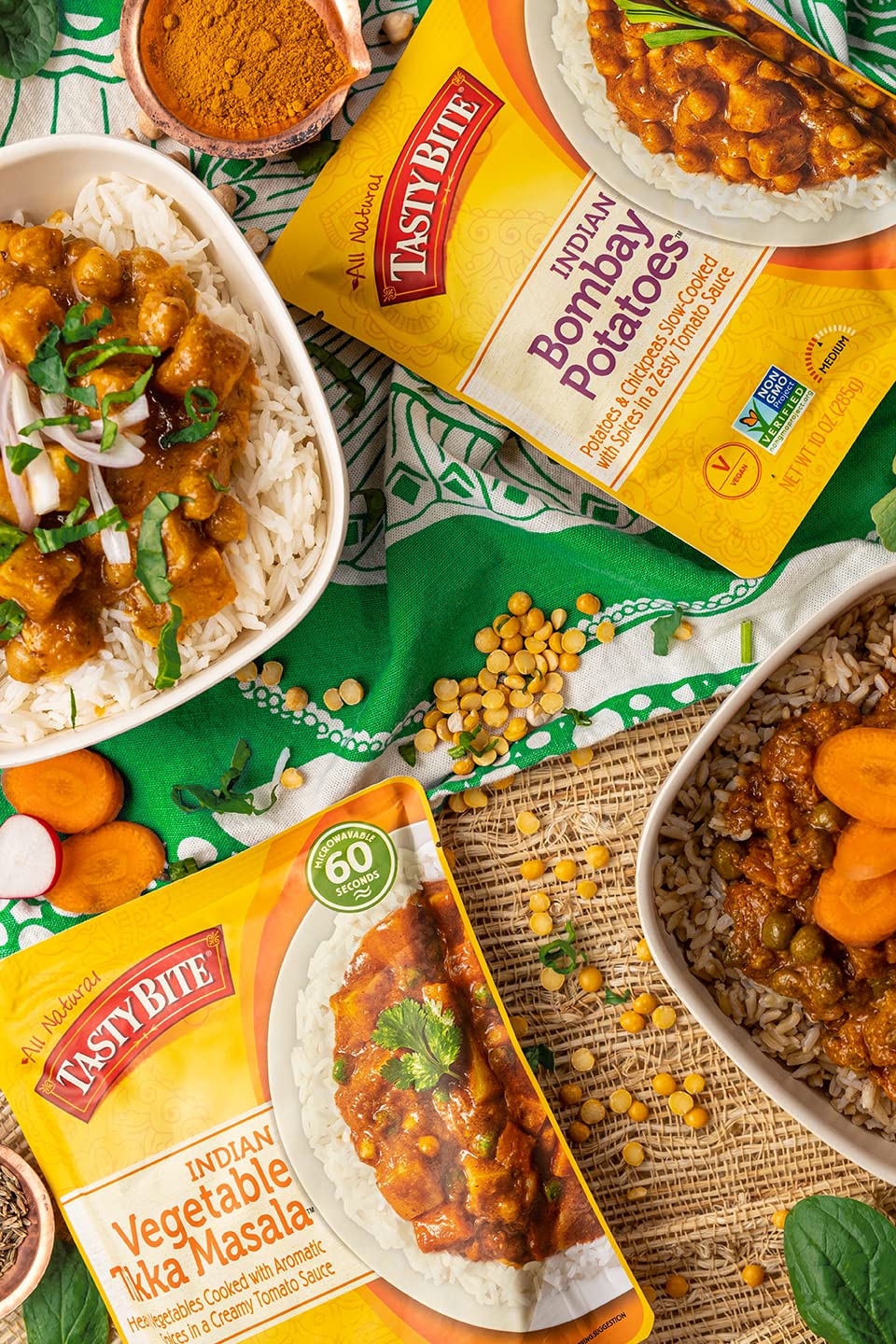 Tasty Bite Bombay Potatoes - 10oz Ready-to-Eat Vegan Indian Meal | Microwaveable & Gluten-Free | Perfect for Quick Lunches, Camping & Emergency Food Storage