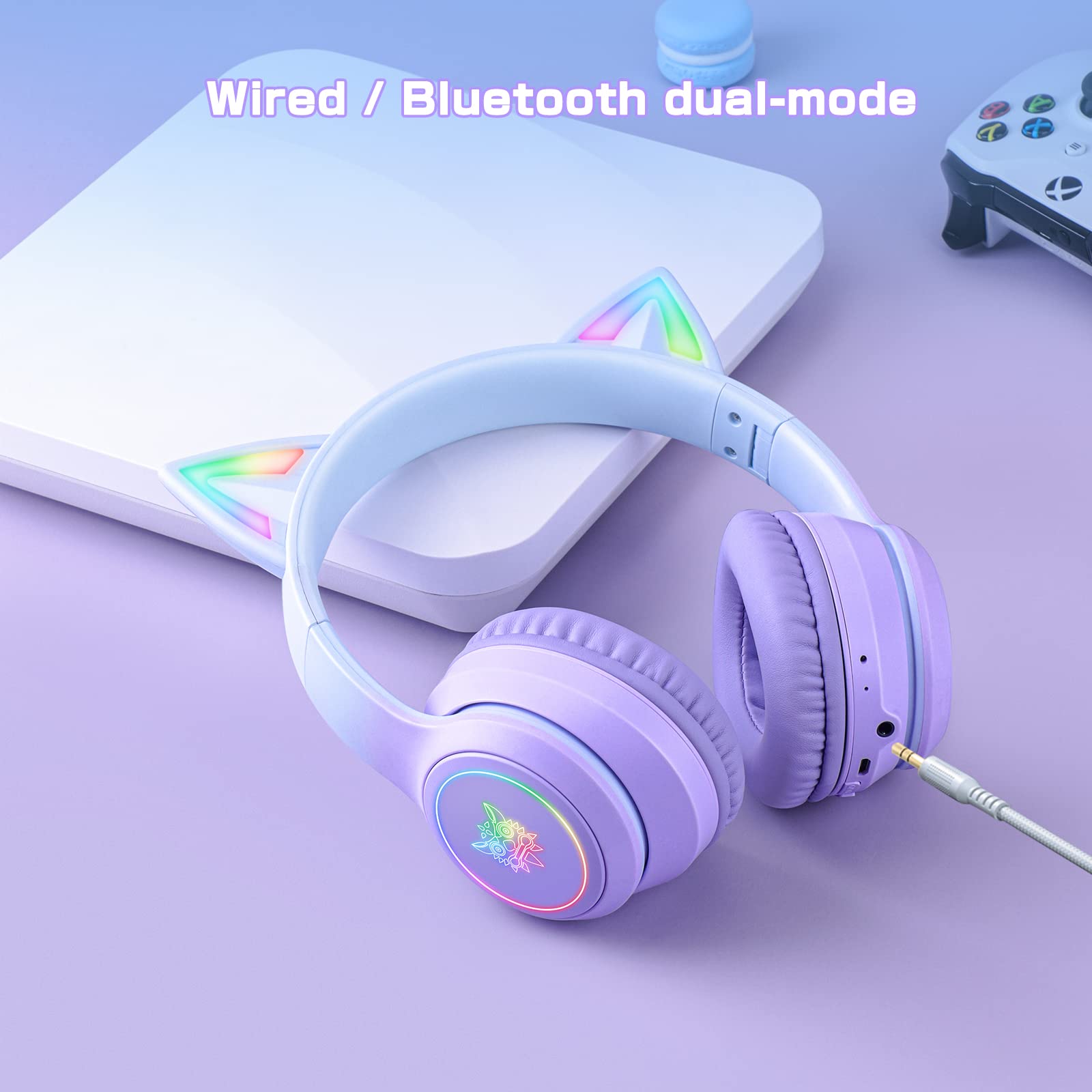 Wireless Bluetooth Cat Ear Headphones for Kids & Adults - Foldable Over-Ear Headset with Mic, RGB LED Lights & Clear Sound - Compatible with Phone/Laptop/PC/Tablet - Perfect for Gaming, School & Travel - Purple