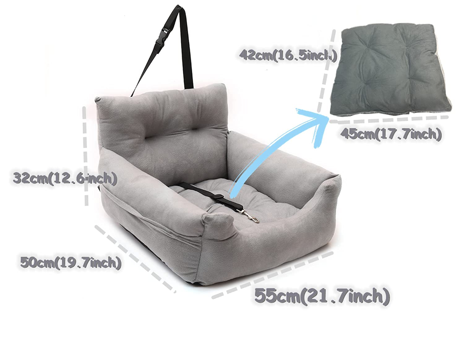 LOINGO Dual-Use Dog Car Seat & Travel Bed for Small to Medium Dogs - Gray Pet Booster Seat with Handy Side Pocket | Perfect for Road Trips & Daily Commutes