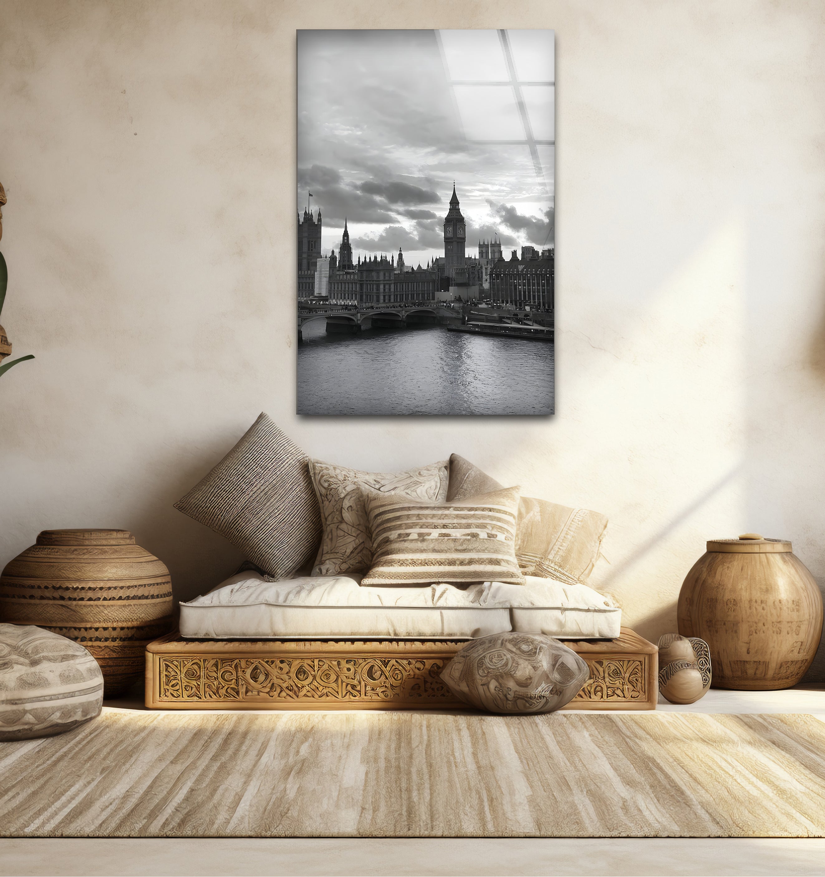 Black and White London Skyline Glass Wall Art - Elegant Cityscape Decor for Living Room, Office & Home