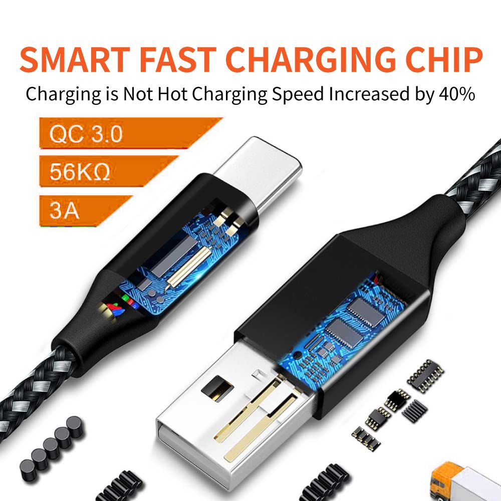 3-Pack 10FT Nylon Braided USB-C Charger Cable - Fast Charging Cord for Samsung Galaxy S10/S9/S8/S20 Plus/A51/A12/A11, Note 10/9/8, PS5 Controller, Xbox Series X/S Controller - Durable & Tangle-Free (White, Red, Blue) | Perfect for Gaming, Travel & Home Charging