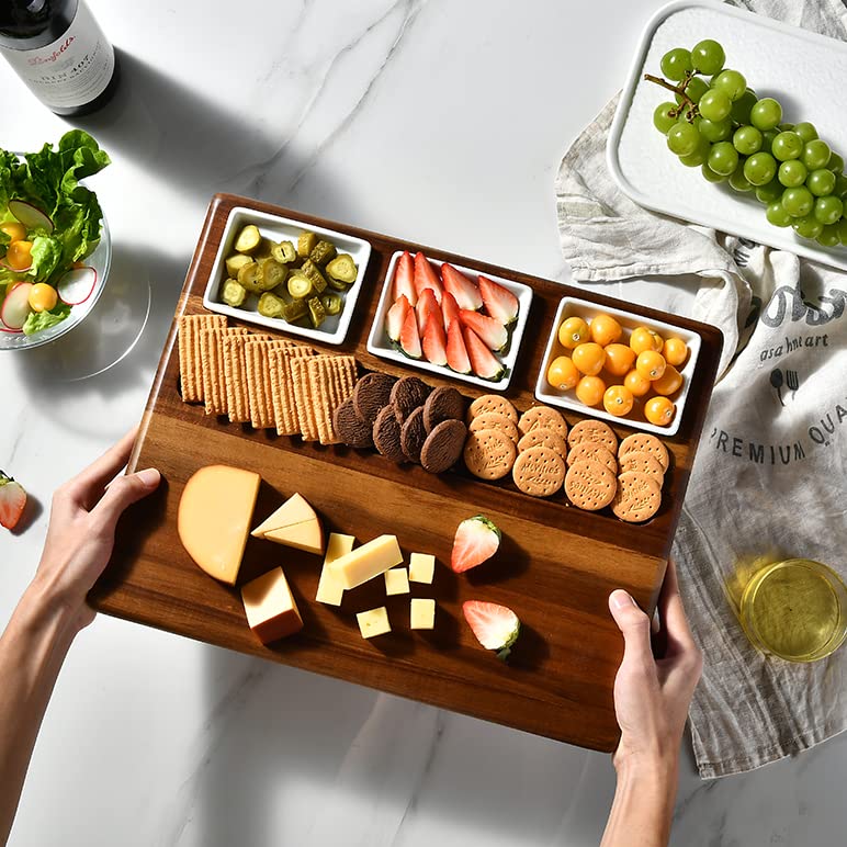 Premium Acacia Wood Charcuterie Board Set with 3 Removable Ceramic Bowls & Serving Utensils - Elegant Cheese & Charcuterie Serving Platter for Parties, Entertaining, Weddings & Holiday Gatherings - Perfect Gift for Hosts & Food Lovers