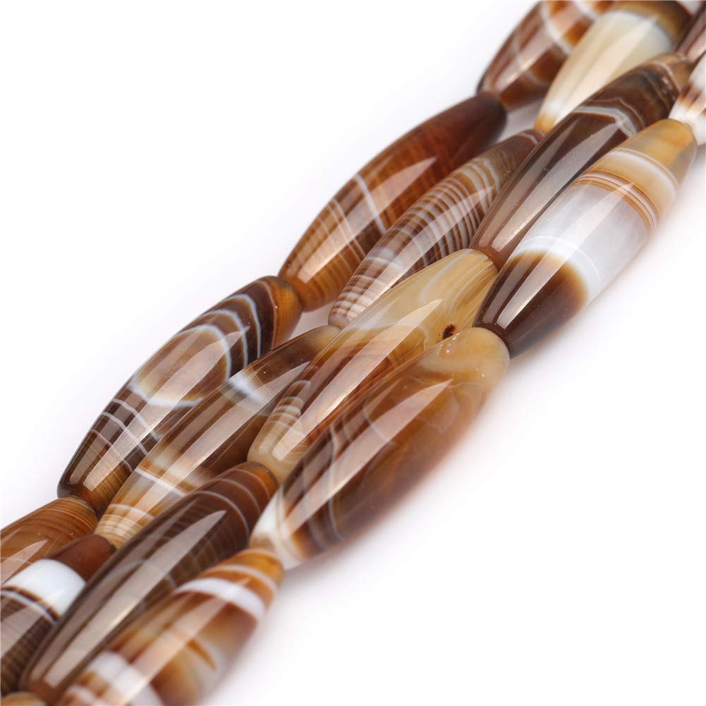 Natural Brown Botswana Onyx Agate Semi-Precious Stone Loose Beads - 8x30mm Rice Olive Oval Shape for Jewelry Making, DIY Crafts, Chakras Healing (15