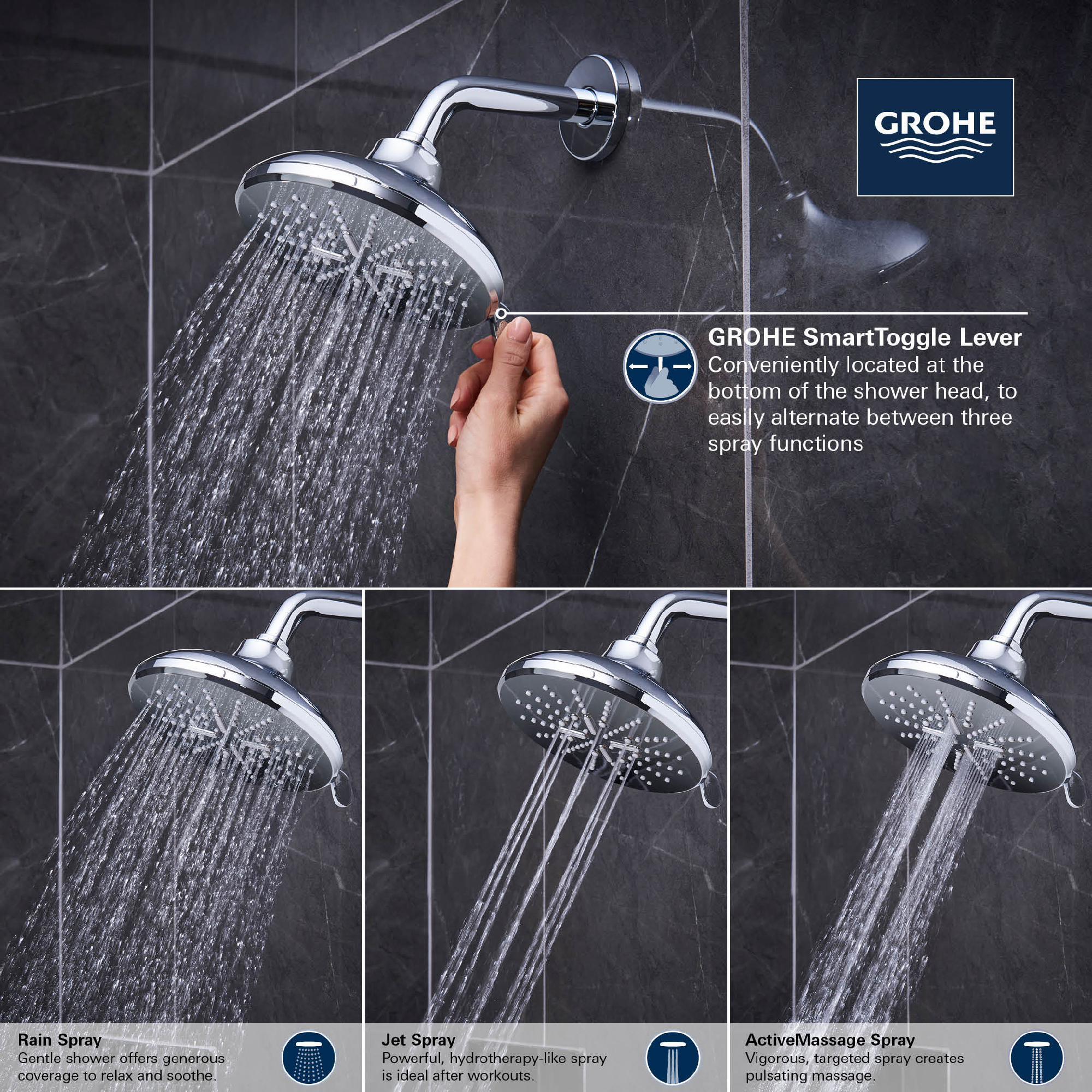 Grohe 3-Function SmartActive Rainshower Shower Head - 6.5 Inch Matte Black (Model 267892430) | High Pressure Water Saving Design for Spa-Like Bathroom Experience