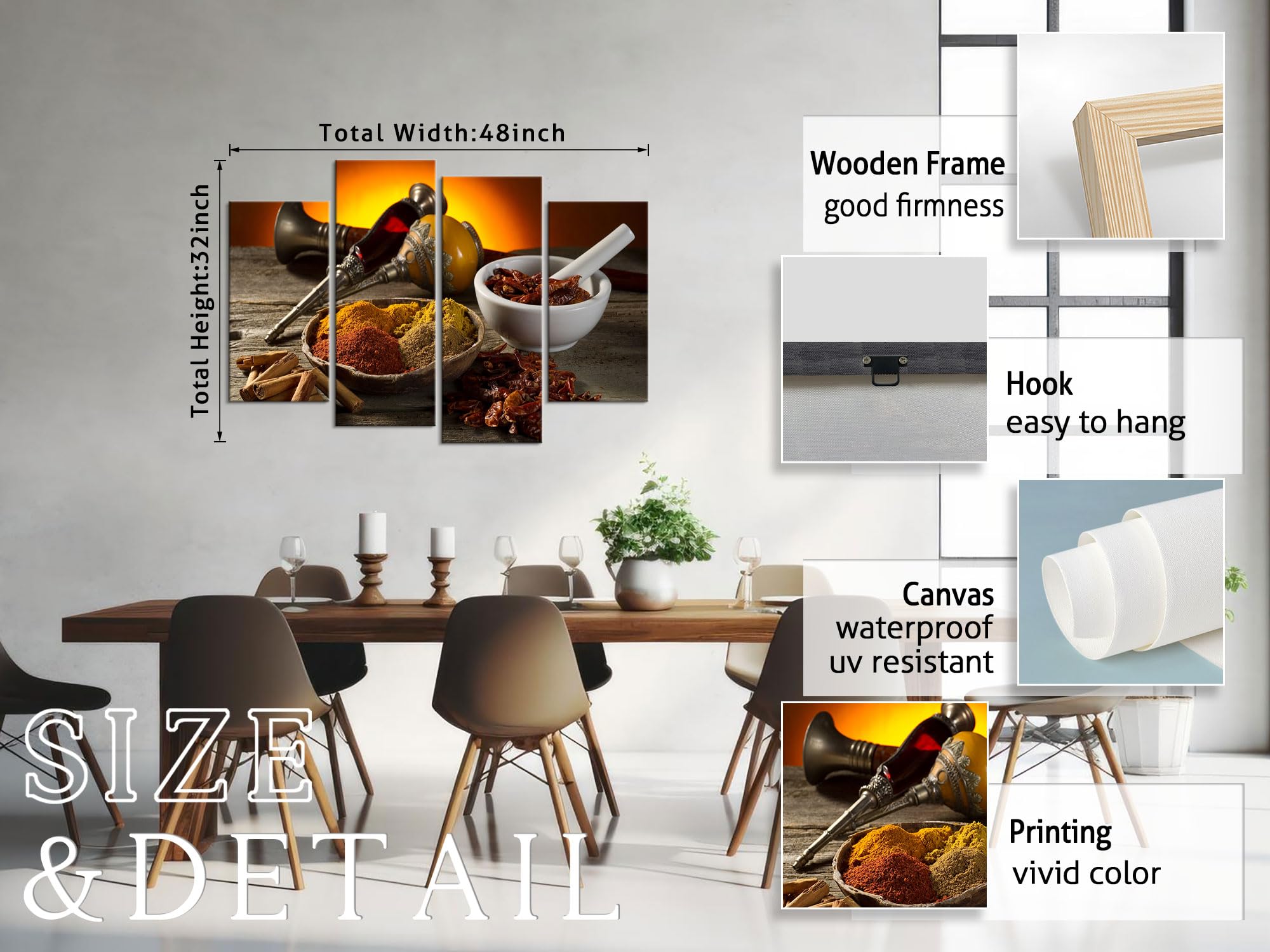 YouHONG Modern Kitchen Wall Art Decor - 4-Piece Canvas Print of Various Spices on Rustic Wooden Table, Framed Ready to Hang (48''W x 32''H) - Perfect for Farmhouse, Restaurant & Home Kitchen Decor