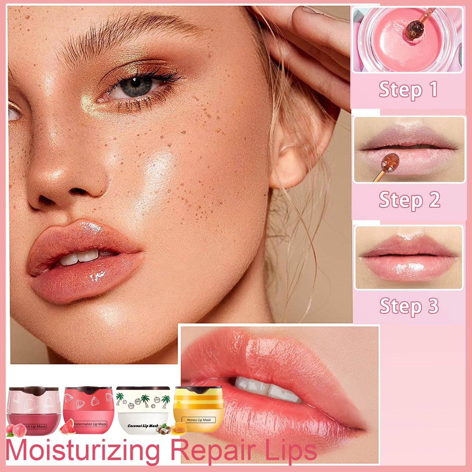 4 PCS Honey Bee Lip Balm Set - Coconut, Watermelon & Peach Flavored Lip Care with Sticks, Overnight Sleeping Lip Mask for Dry & Cracked Lips - Perfect for Daily Moisturizing, Nighttime Repair & Travel Use