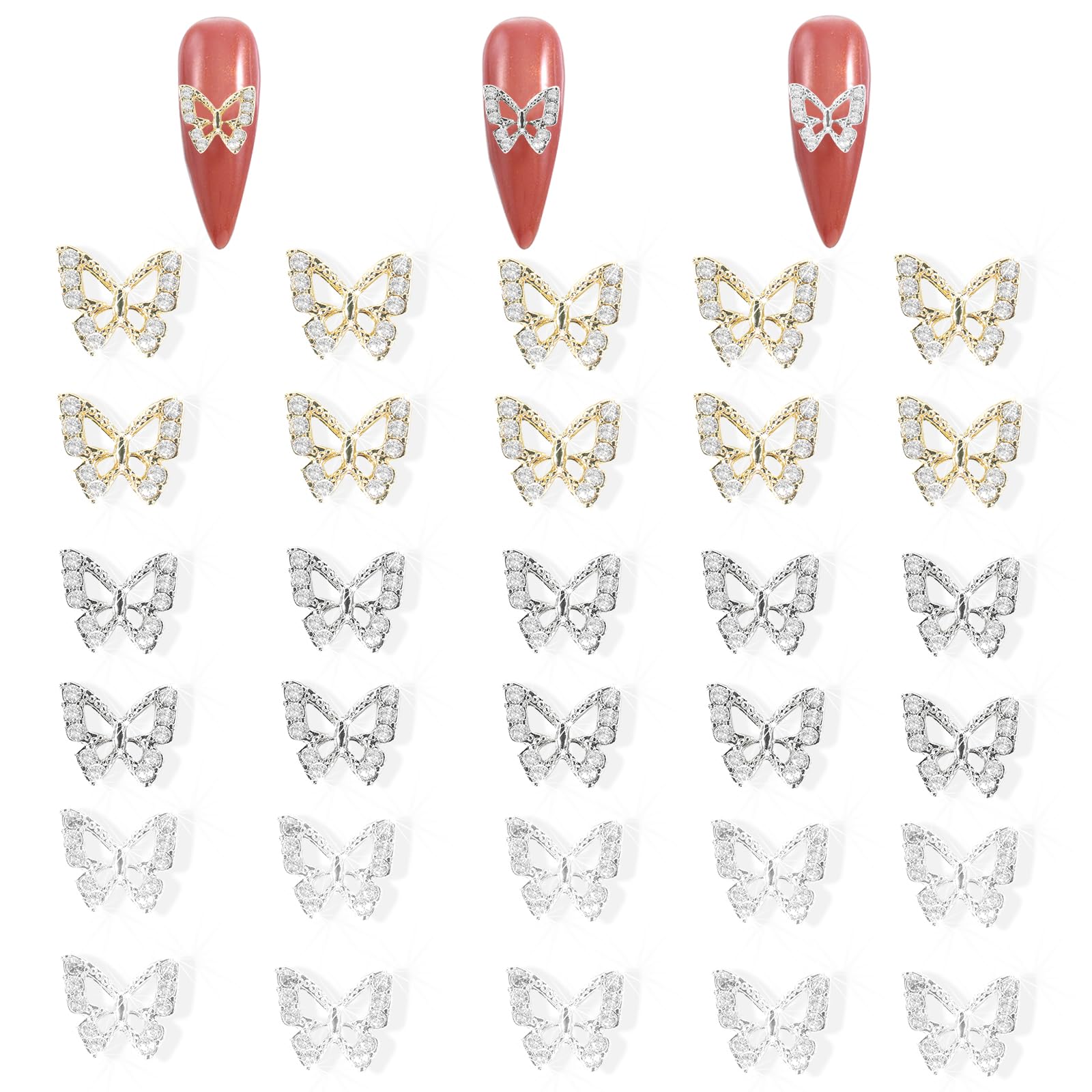 30Pcs Alloy Butterfly Nail Charms - 3D Metal Butterfly Nail Gems with Rhinestones for Acrylic Nails | Shiny Crystal Nail Art Decorations with Tweezer | Perfect for Nail Salon, DIY Manicure, and Party Nail Designs