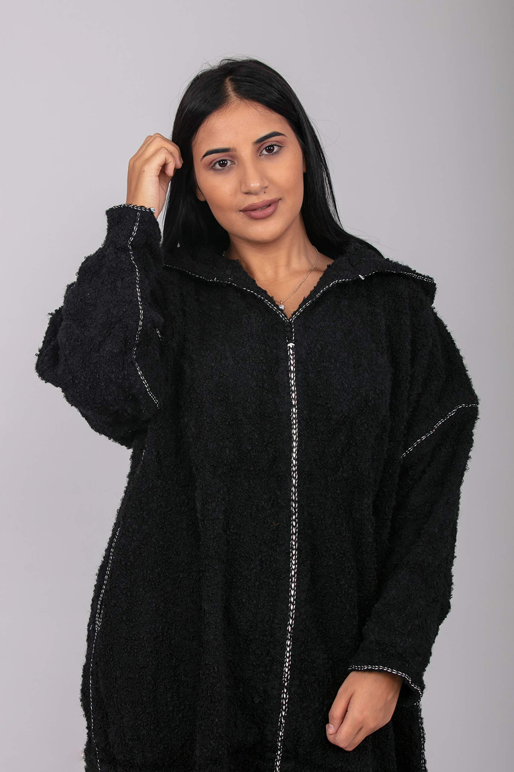 HibArt - Women's Handmade Boho Striped Djellaba Sweater Coat Hoodie Caftan - Wool Long Winter Dress for Women (XS, Black) - Perfect for Casual Outings, Festivals & Cold Weather Layering