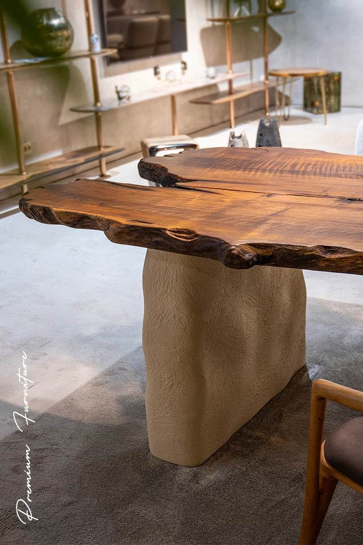 Luxury Solid Wood Walnut Dining Table with Stone-Inspired Legs - Wabi Sabi Style Modern Furniture for Living Room, Dining Room & Office