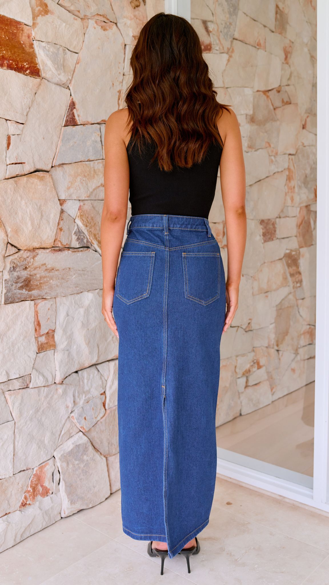 Fiona Women's Denim Maxi Skirt - Indigo Blue Long Flowy Skirt for Casual Wear, Beach, and Summer Outfits
