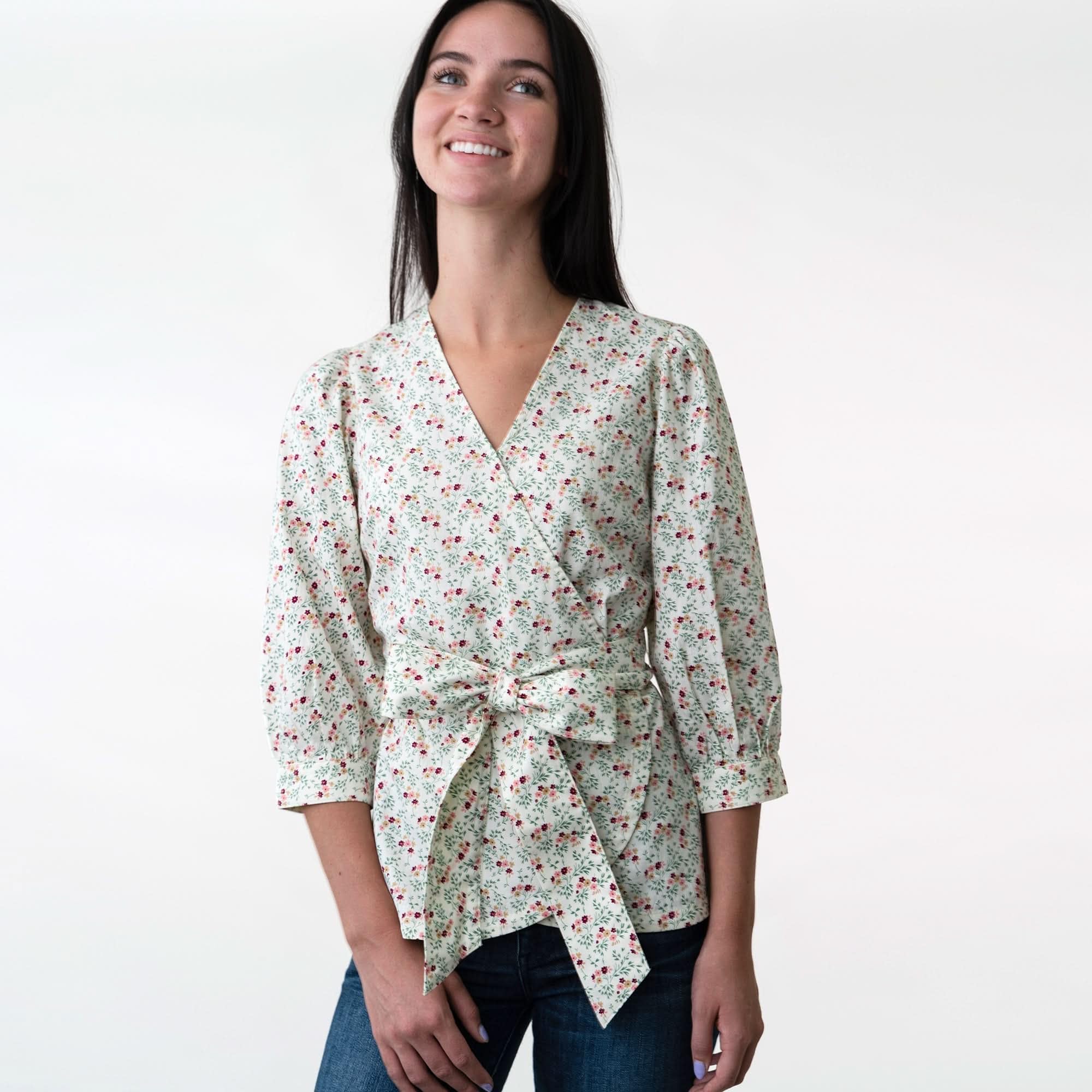 Hope & Henry Women's Puff Sleeve Wrap Shirt - Flowy Blouse for Work & Date Night | Stylish Tops for Office, Cocktail Parties & Casual Outings