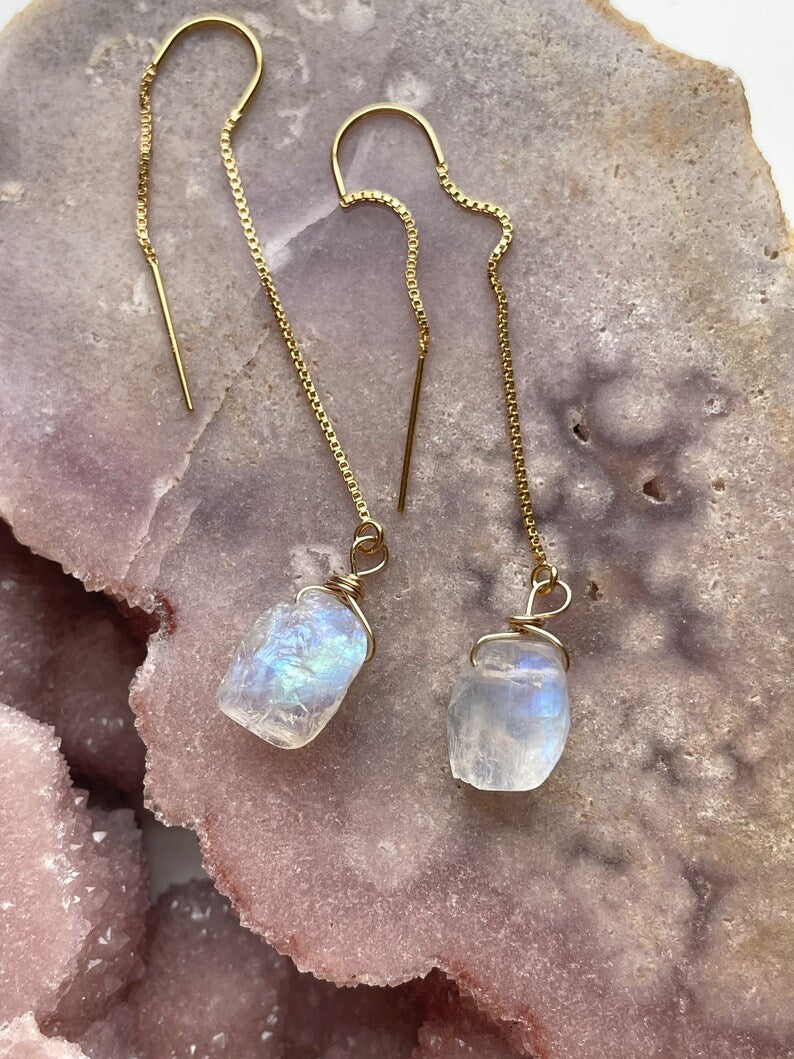 Gold Filled White Raw Crystal Rainbow Moonstone Threader Earrings for Women - Dainty Boho Jewelry Gift for Everyday Wear & Special Occasions