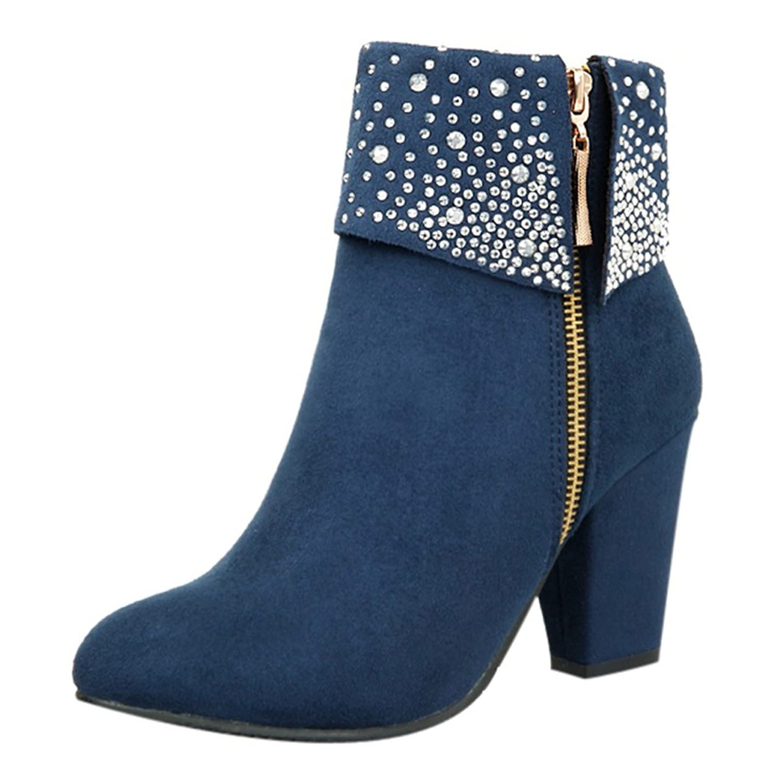 WUTYU Women's Comfortable Square Heel Round Toe Zipper Pumps & Short Boots - Casual Shoes for Work, Office, and Everyday Wear