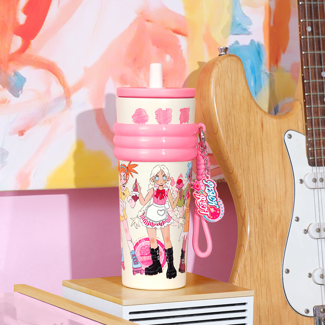 POP MART Peach Riot Rush Hour Series Straw Cup - Cute Anime Character Water Bottle for Kids & Adults - Perfect for School, Office, Gym & Outdoor Activities