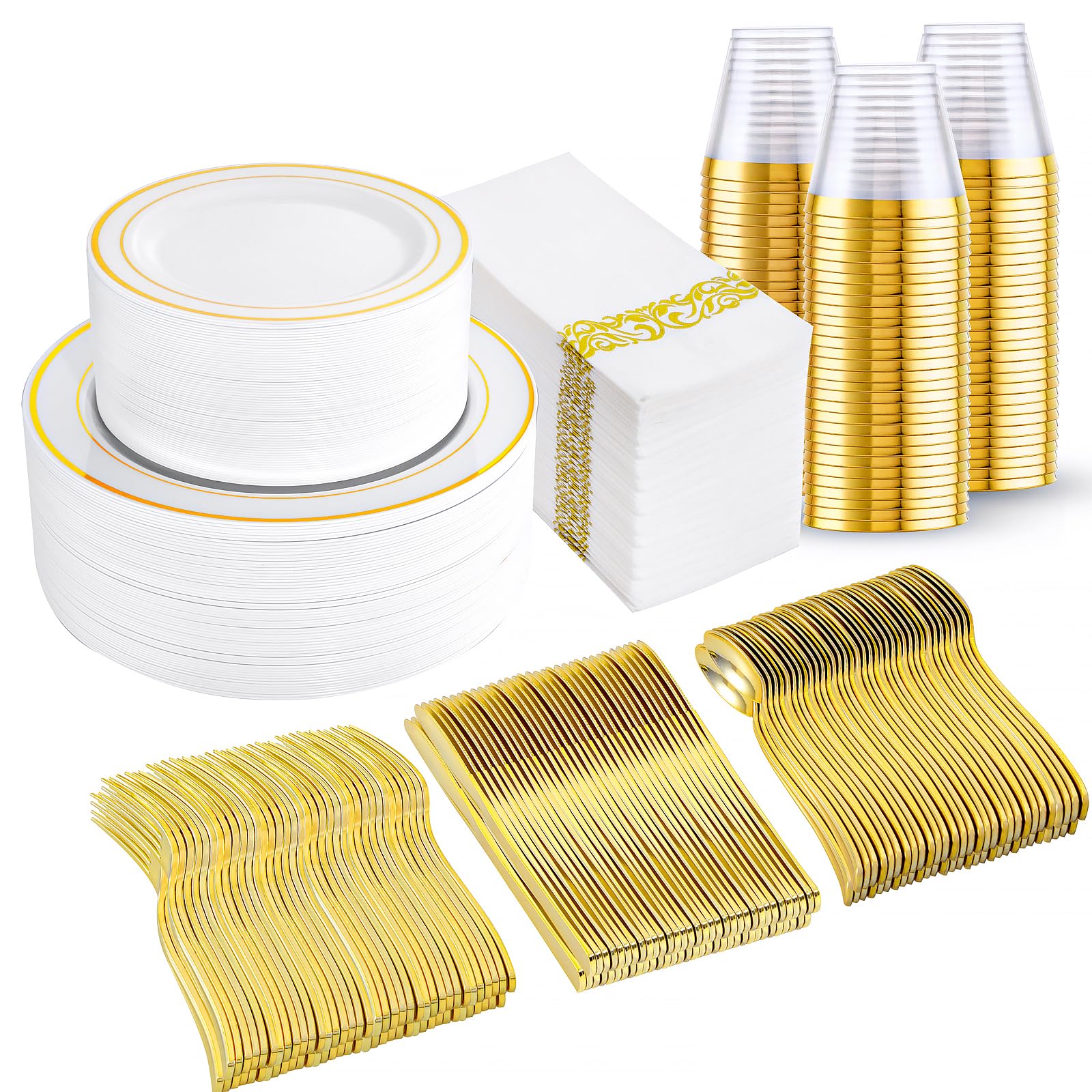 350-Piece Gold Disposable Dinnerware Set for 50 Guests - 100 Plastic Plates, 50 Paper Napkins, 50 Cups & 50 Silverware - Elegant Party & Wedding Tableware for Banquets, Bridal Showers, Anniversary Celebrations and Special Events