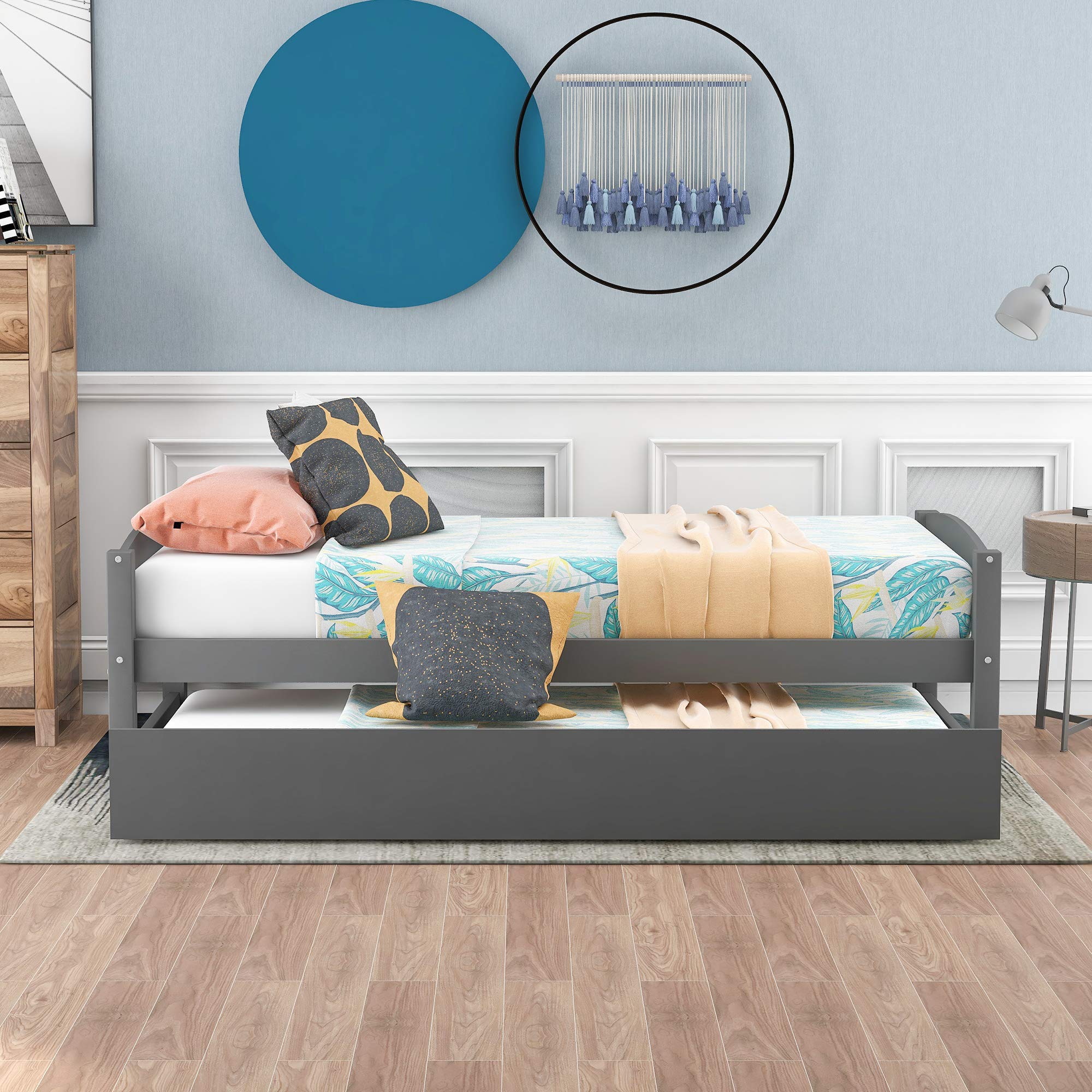 KLMM Twin Size Wooden Platform Bed with Trundle - Captain's Bed Frame with Wooden Slats Support - Space Saving Daybed for Bedroom, Guest Room or Living Room - Modern Gray Wood Furniture for Small Spaces