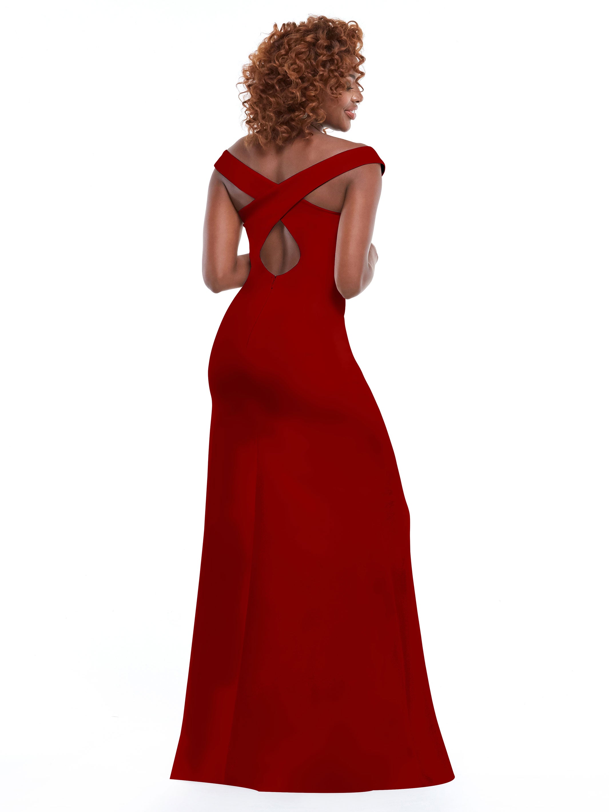 Elegant Off-the-Shoulder Double Knit Bridesmaid Dress with Thigh Slit - Perfect for Weddings, Prom & Formal Events