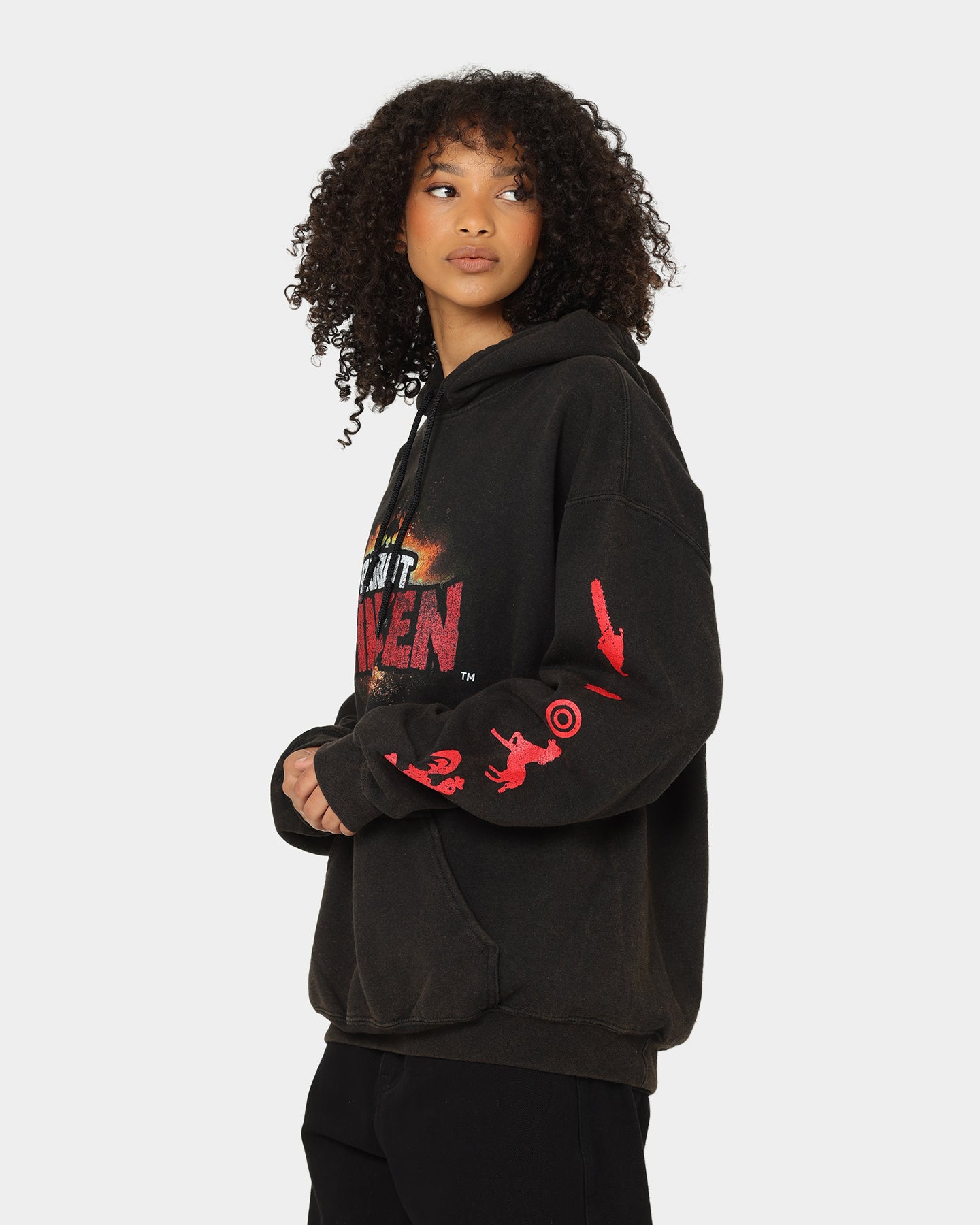 Vintage American Thrift Chicken Boom Hoodie - Black Wash Distressed Style | Retro Streetwear for Men & Women | Perfect for Casual Wear, Urban Fashion, and 90s Nostalgia Looks