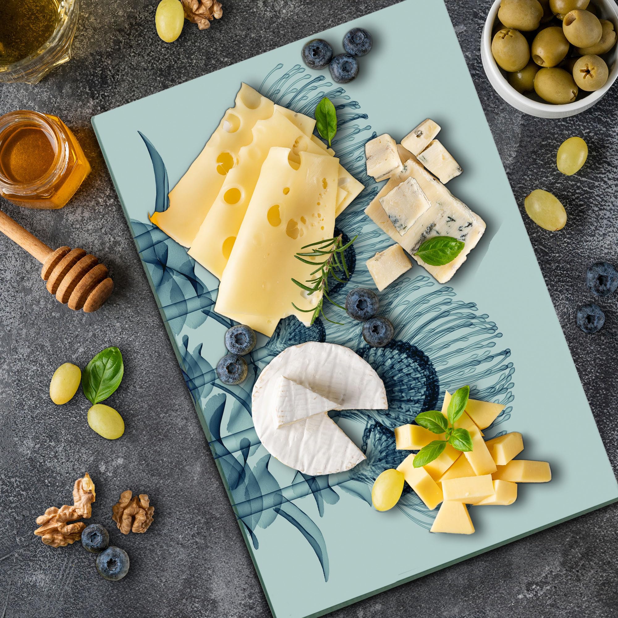 Lunarable Floral Glass Cutting Board - Exotic Plants X-Ray UV Print, Large Tempered Glass Serving Board for Kitchen & Entertaining, Teal & White - Perfect for Cheese, Charcuterie & Party Platters