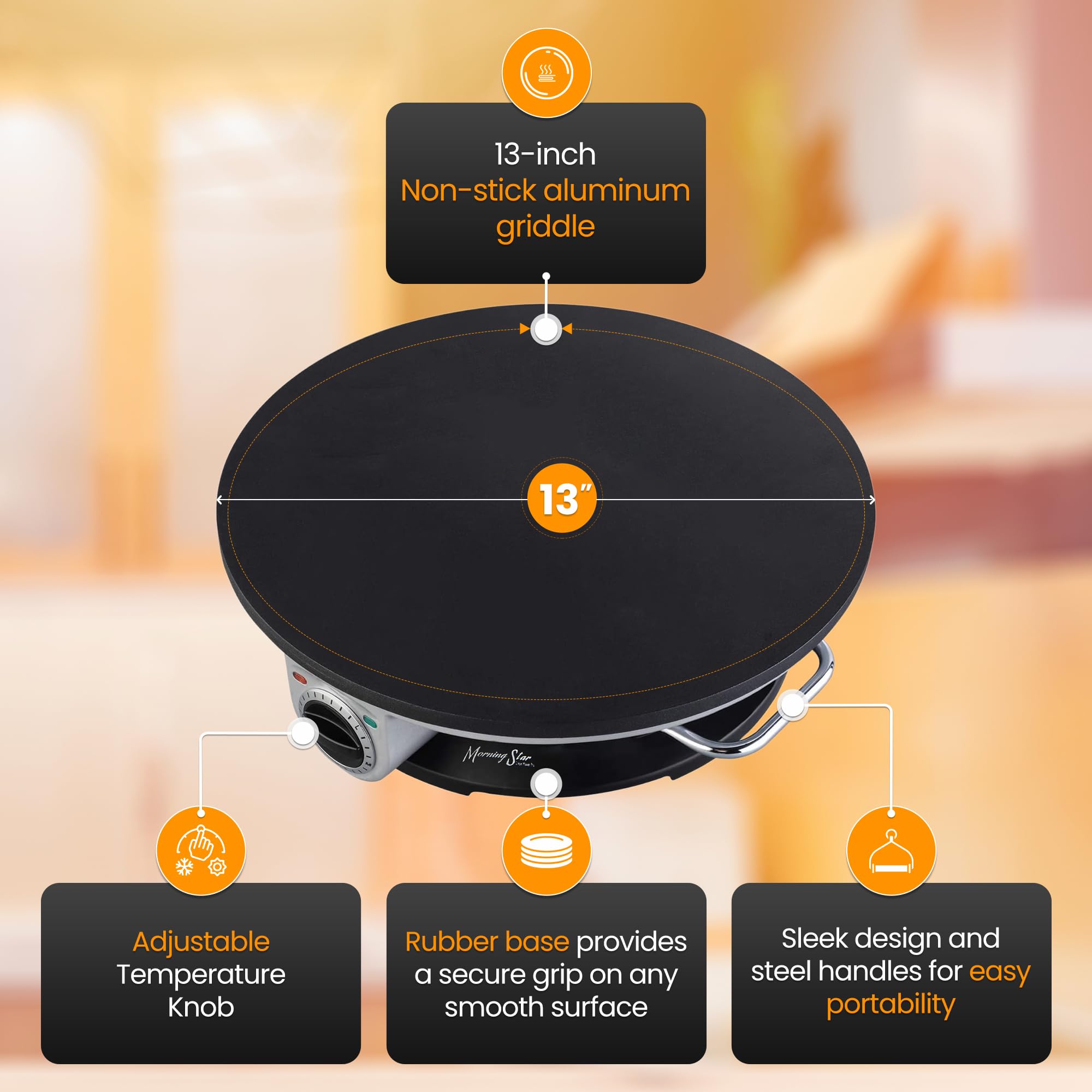 Morning Star 13-Inch Electric Crepe Maker - Nonstick Multi-Function Pancake & Tortilla Machine for Crepes, Roti, Wraps - Includes Wooden Spatula & Batter Spreader - Perfect for Breakfast, Brunch & Family Cooking - Easter Gift Idea