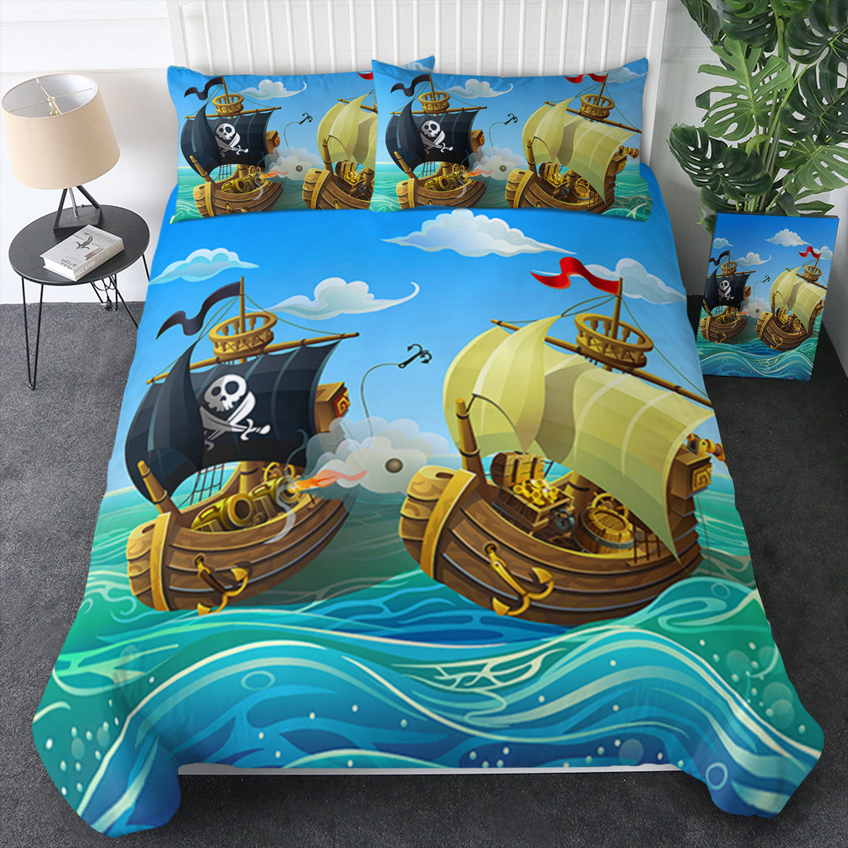 Cartoon Pirate Ship Kids Bedding Set - 3 Piece Pirate Theme Comforter, Pillowcase & Sheet Set for Boys & Girls - Perfect for Pirate Themed Bedrooms & Adventure Playrooms