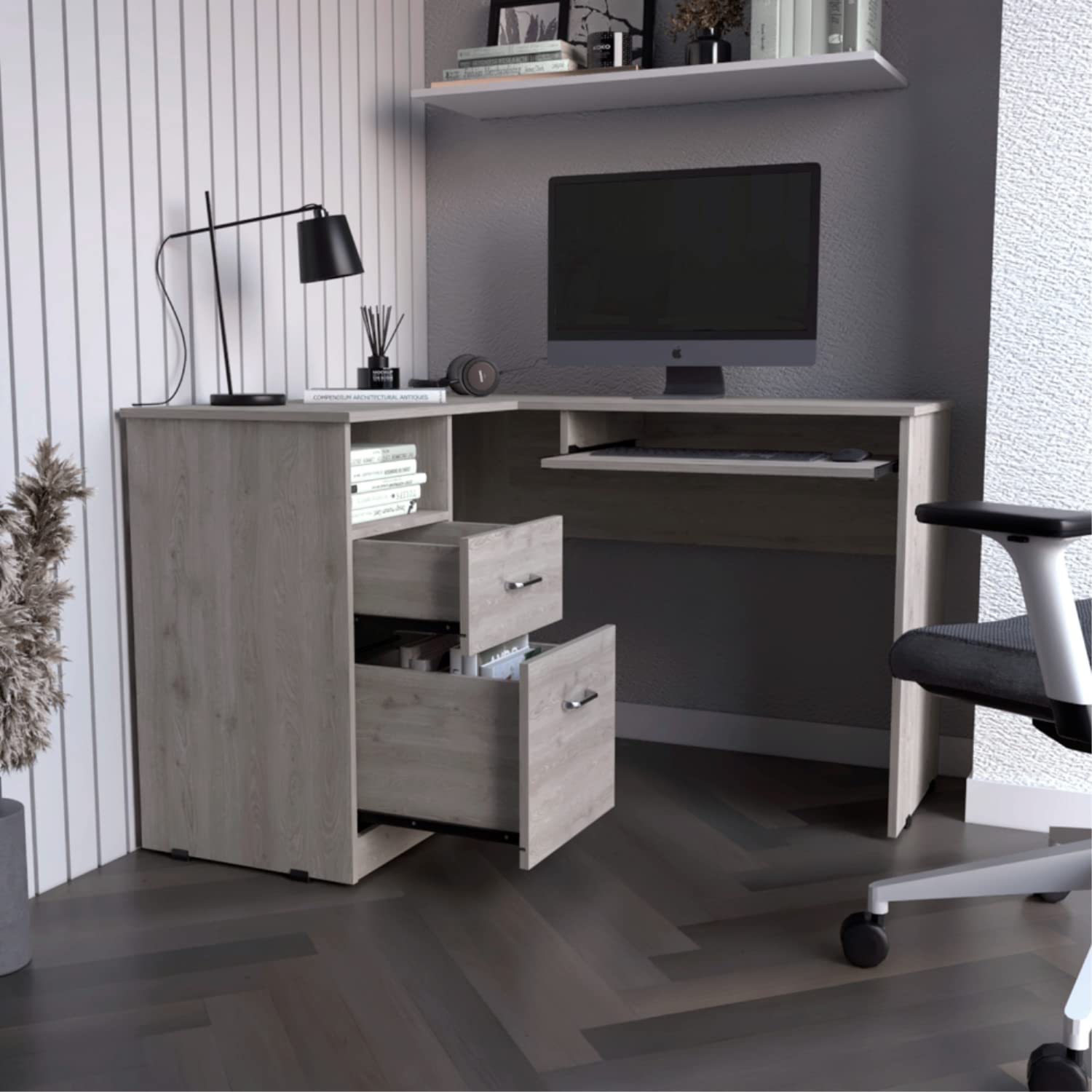 Idra L-Shaped Desk with Keyboard Tray, 2 Drawers & Open Shelf - Light Gray Home Office Desk for Small Spaces, Gaming & Workstation Setup