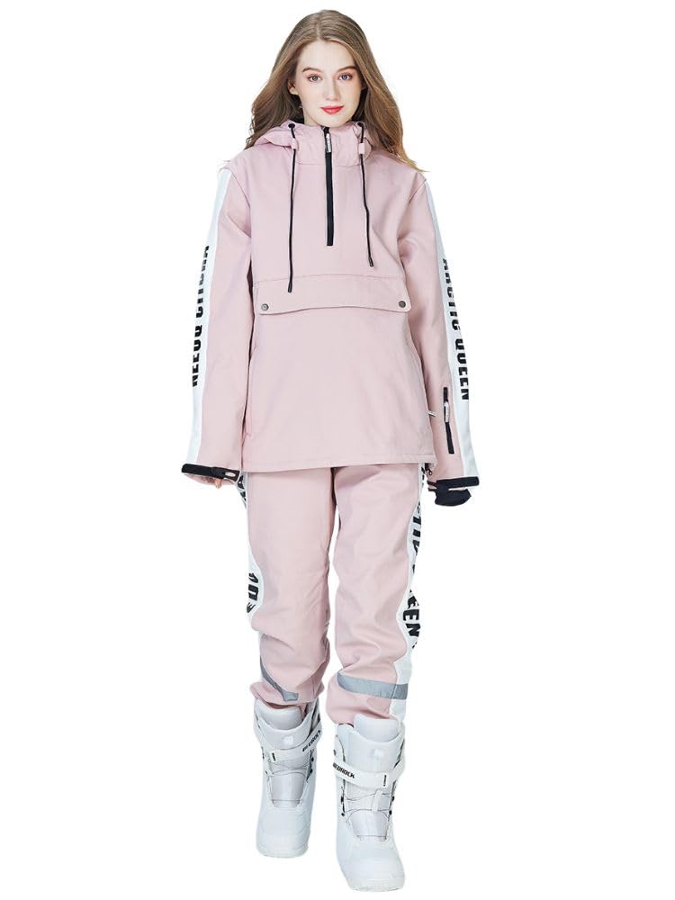 ARCTIC QUEEN Women's & Men's Pink Ski Suit Set - Waterproof Snowboard Jacket & Pants with Letter Print | Winter Sports, Snowboarding & Outdoor Activities
