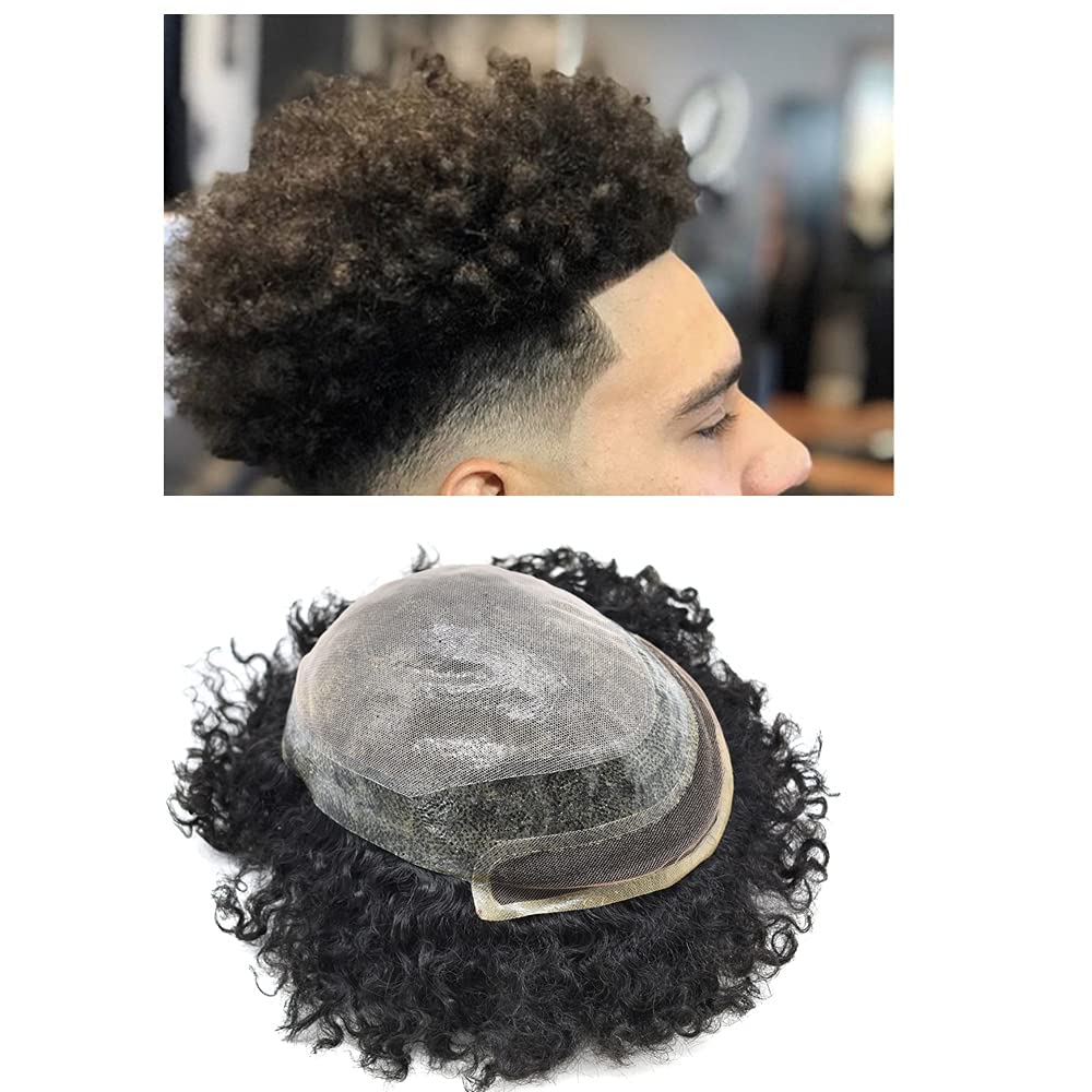 Afro Toupee for Black Men - Lace Front Replacement System with Poly Kinky Curly Human Hair - Injected PU Base - Natural Black Hairpiece for Daily Wear & Special Occasions