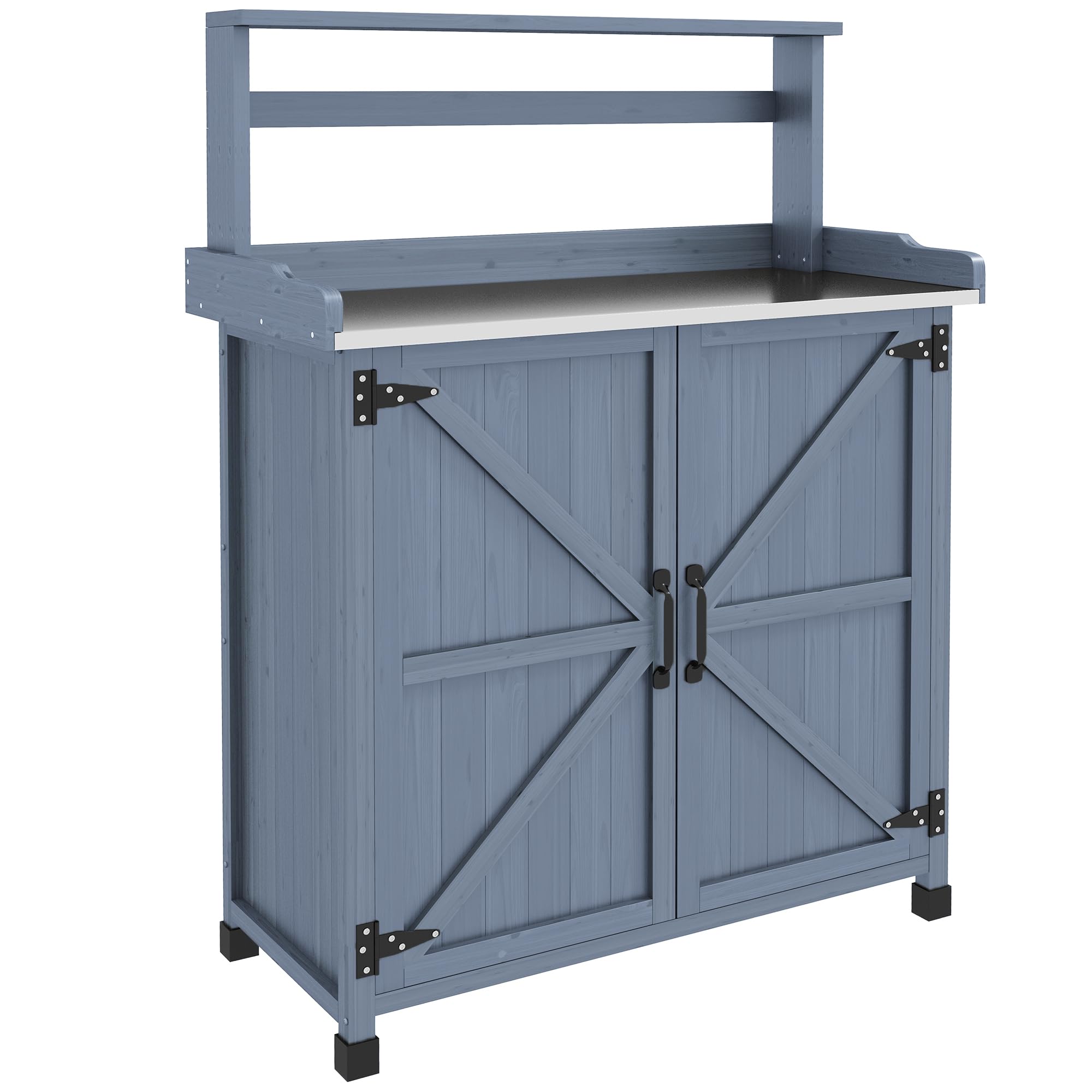 Outsunny Wooden Potting Bench with Storage Cabinet & 2 Shelves - Galvanized Tabletop Garden Workbench for Planting, Gardening - Perfect for Backyard, Balcony, Patio & Outdoor Use (Gray)