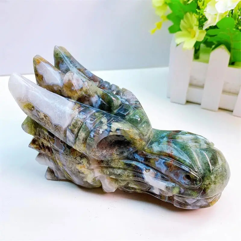 Natural Moss Agate Dragon Skull Carving - 15cm Handcrafted Crystal Home Decor, Healing Stone for Positive Energy, Wiccan Altar & Spiritual Gift - Perfect for Meditation Spaces, Gothic Decor & Unique Gift Giving