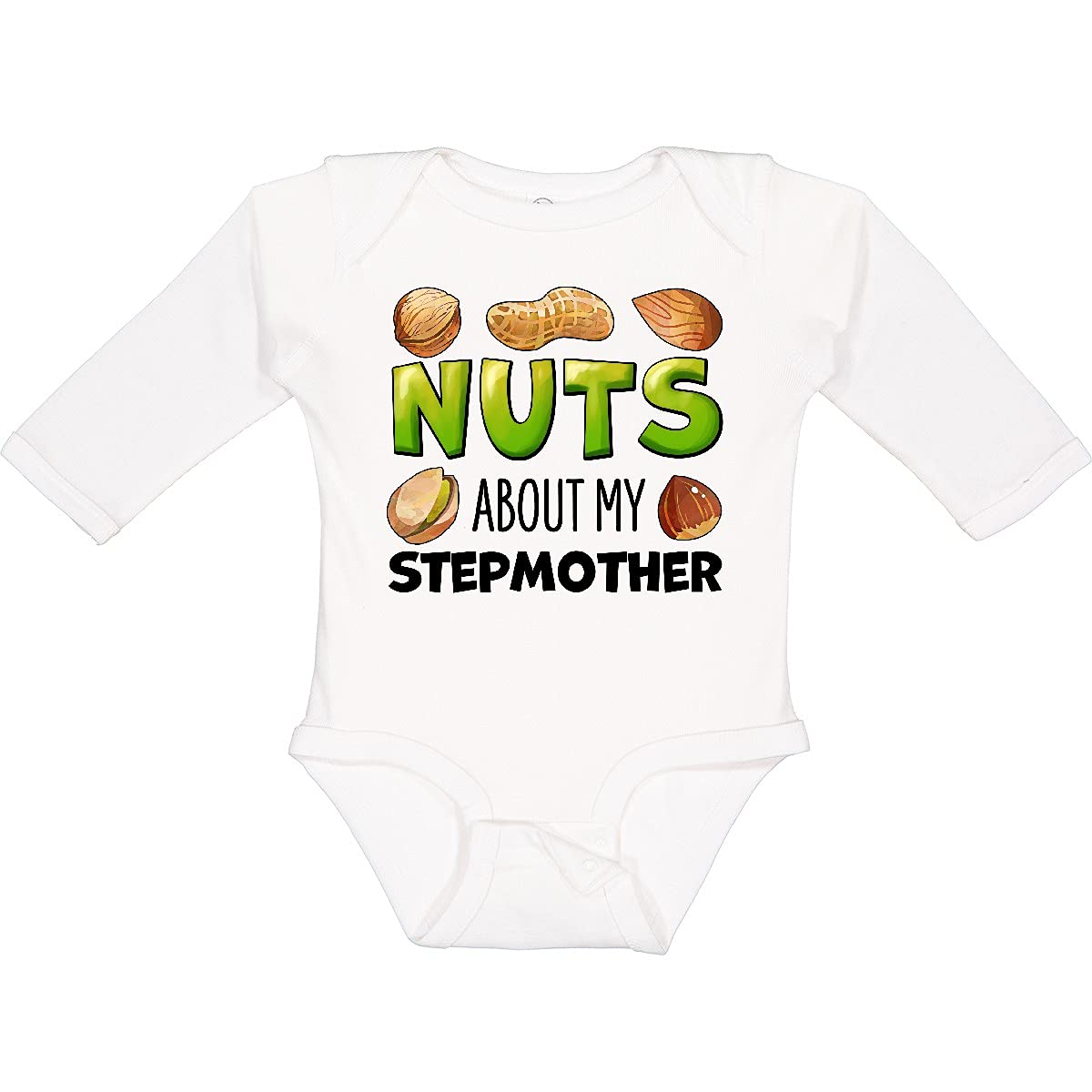 Inktastic Nuts About My Stepmother Peanut Almond Pistachio Print Long Sleeve Baby Bodysuit - Funny Family Matching Outfit for Holidays & Photo Shoots